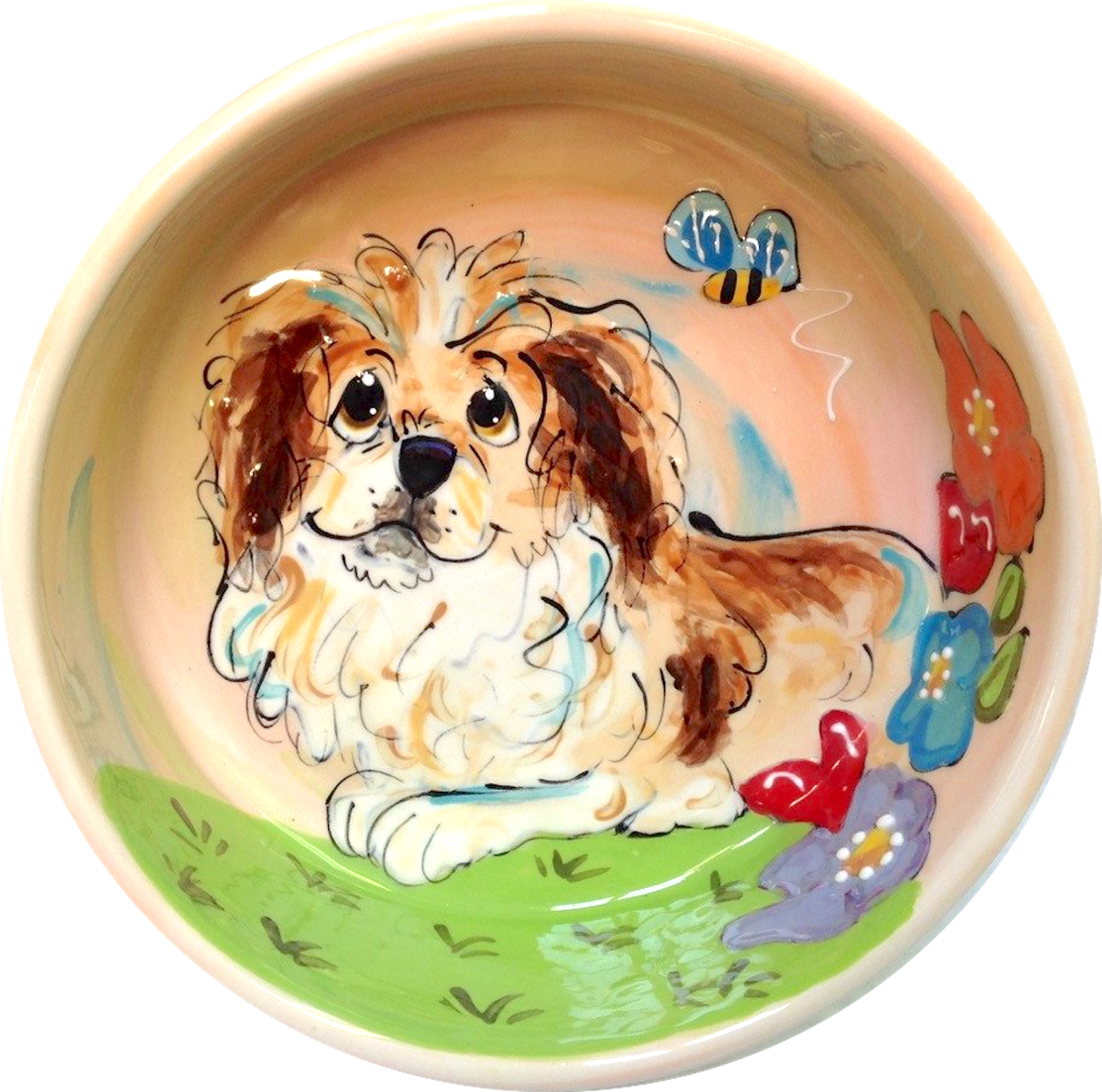 Pekingese food bowl hand painted by Debby Carman of Faux Paw Petique Artique Laguna Beach