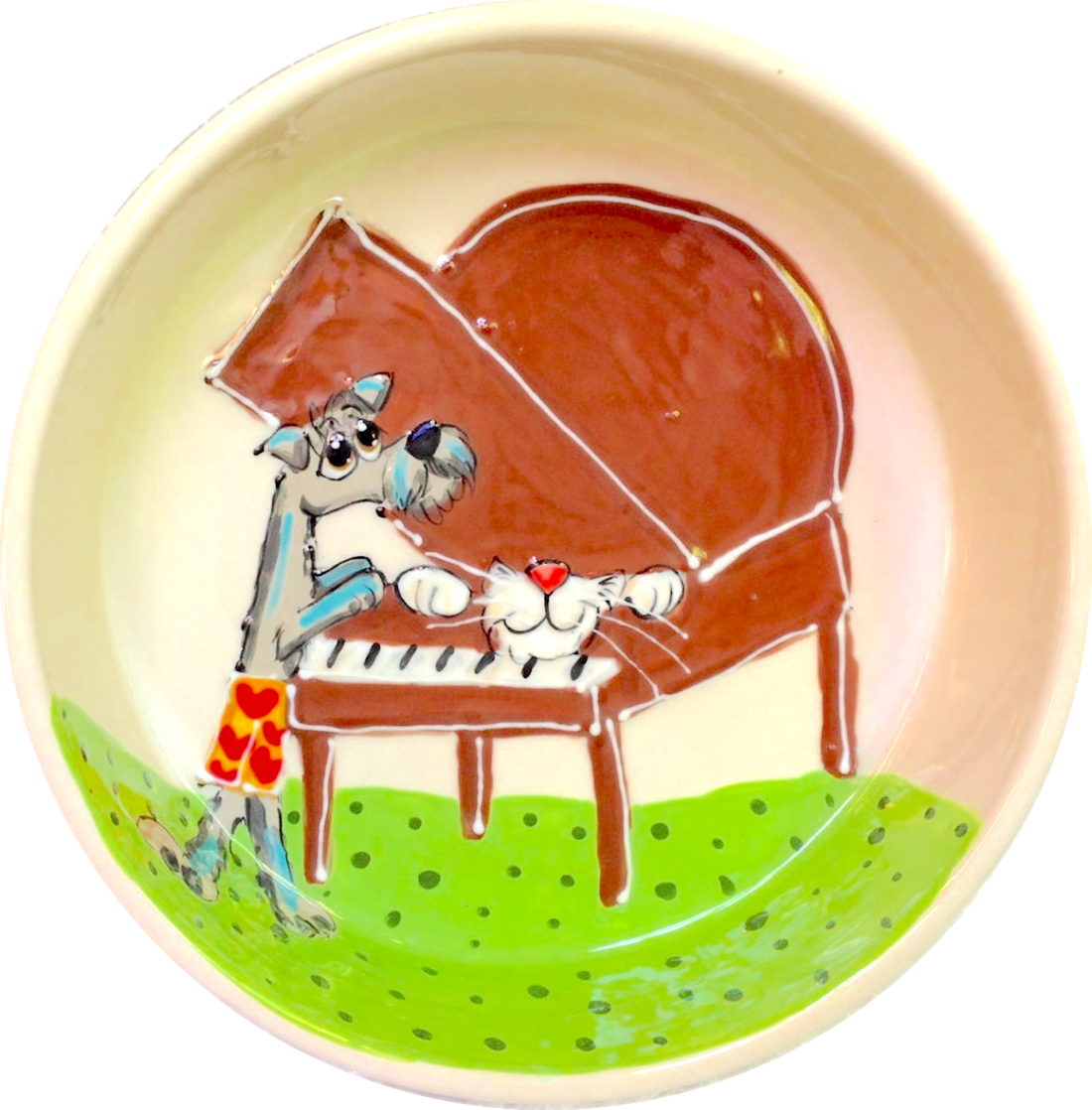 photo of dog bowl ceramic with funny dogs playing piano handmade gifts by debby carman