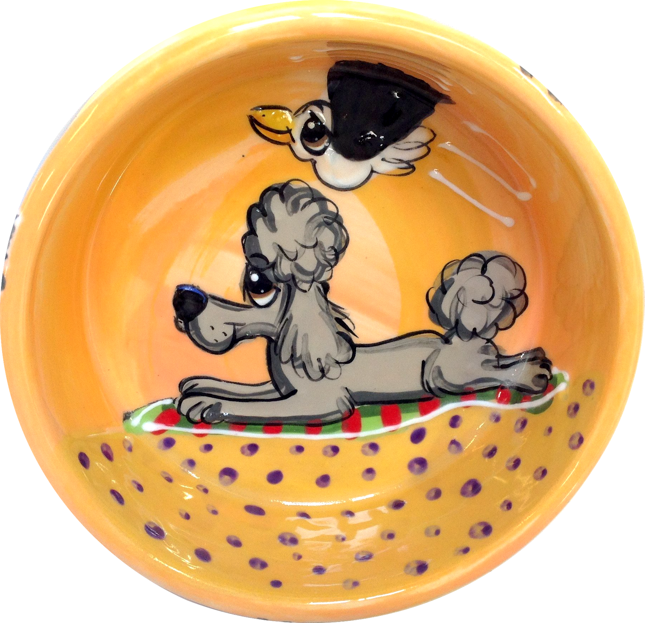 IMAGE OF A GREY POODLE LAYING ON THE BEACH WITH SEAGULL FRIEND FLYING OVER HANDPAINTED ON YELLOW CERAMIC DOG BOWL WITH NAME BY FAUX PAW ARTIST Debby Carman 