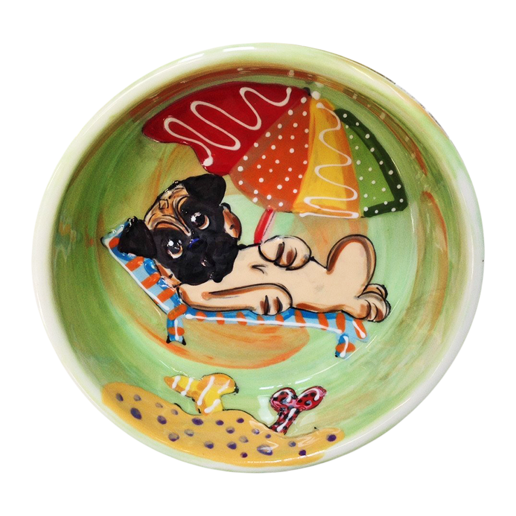 IMAGE OF CERAMIC DOG BOWL FEATURING WHIMSICAL PUG BREED DOG ON THE BEACH BY Debby Carman 