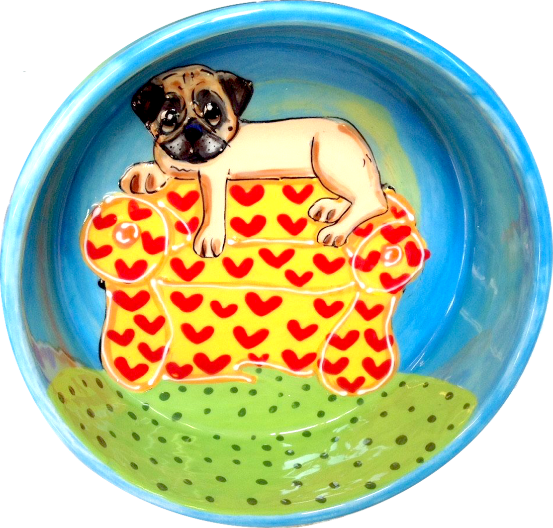 CUSTOM DOG BOWL PERSONALIZED PUG PORTRAIT, COUCH PUG