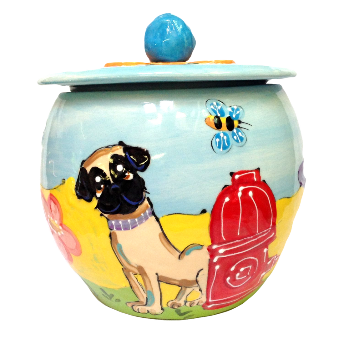 Personalized treat jar with portrait from photo customized design theme, pug portrait on ceramic cookie jar by debby carman