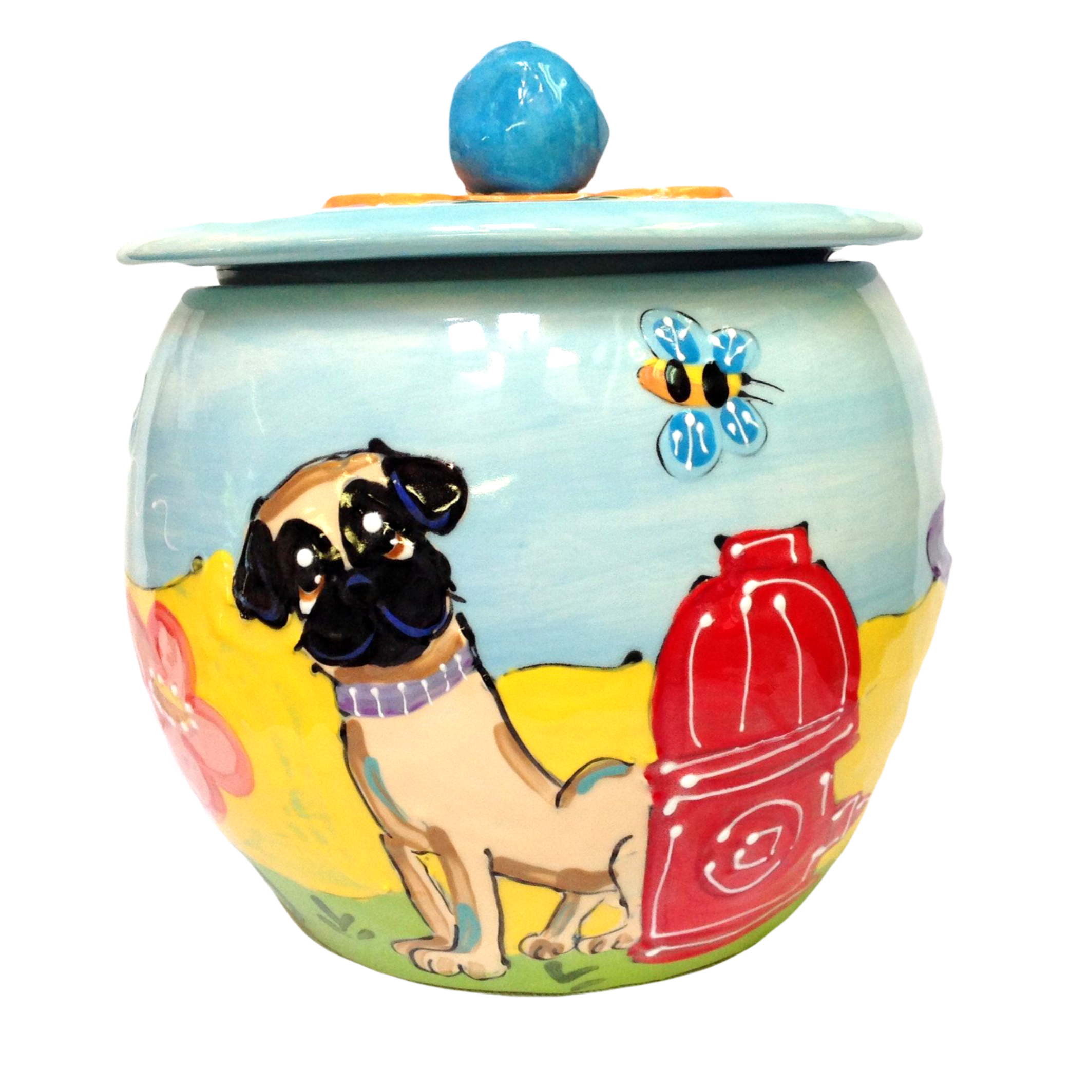 Personalized treat jar with portrait from photo customized design theme, pug portrait on ceramic cookie jar by debby carman