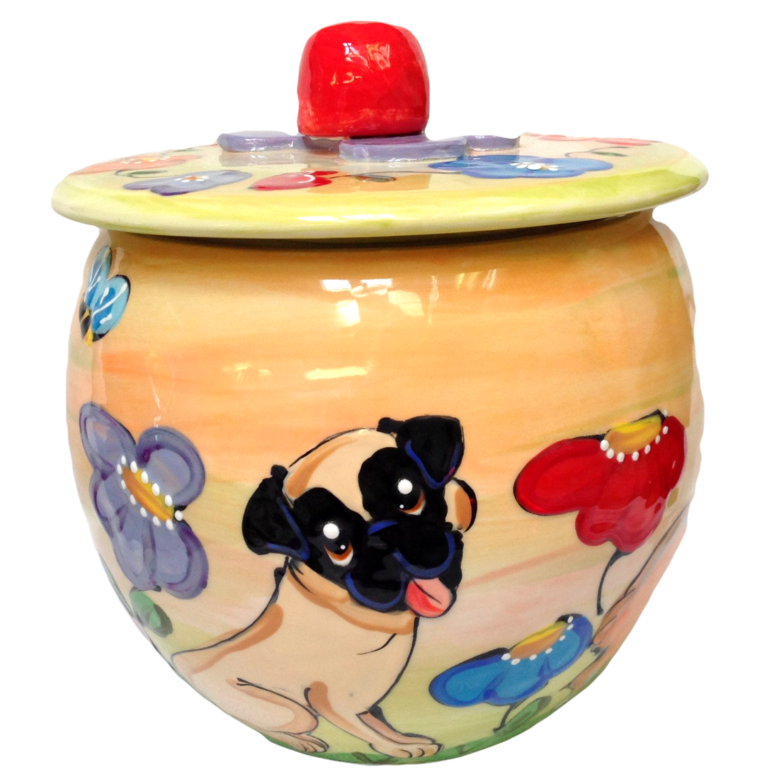 Personalized dog treat storage jar, food storage, pug portrait, Debby Carman, faux paw