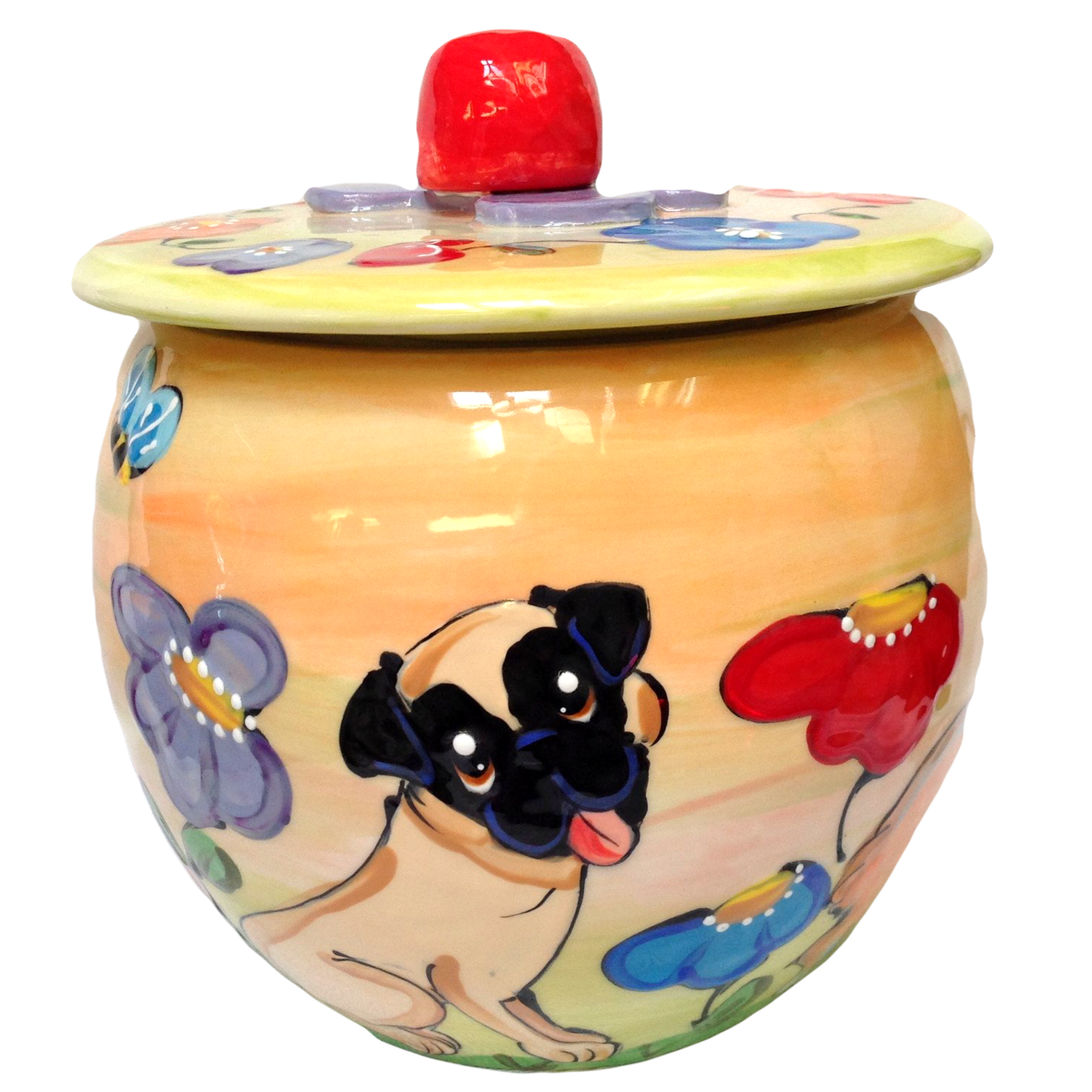 Personalized dog treat storage jar, food storage, pug portrait, Debby Carman, faux paw