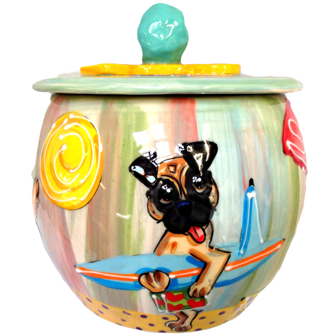 Beach Dog Treat Jar, Surfer Gift, Pug Portrait on Treat Jar, Debby Carman, faux paw