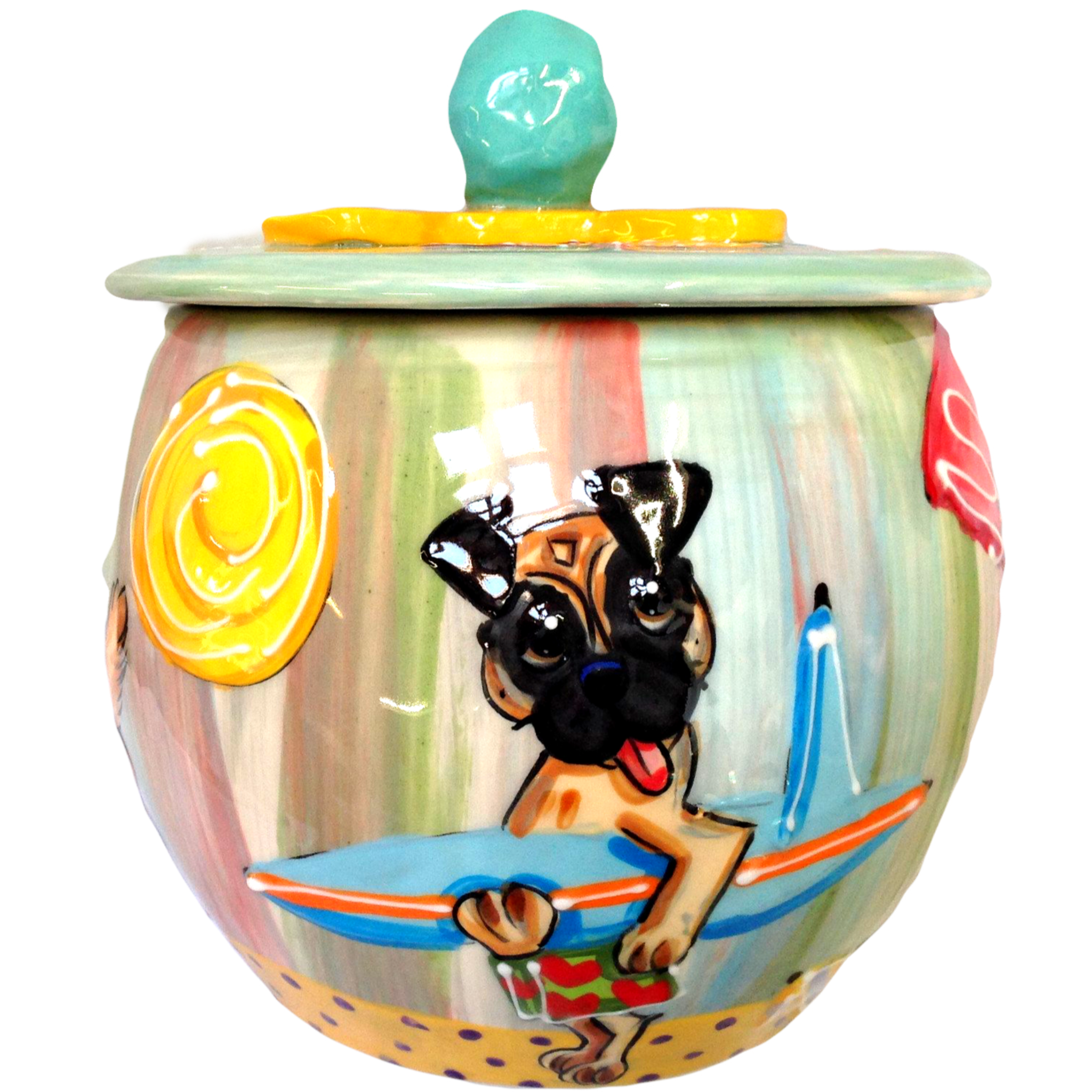 Beach Dog Treat Jar, Surfer Gift, Pug Portrait on Treat Jar, Debby Carman, faux paw