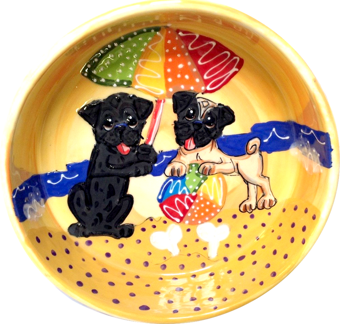 TWO PUGS ON THE BEACH HAND PAINTED ON YELLOW CERAMIC DOG BOWL BY Debby Carman FAUX PAW PRODUCTIONS ARTIQUE PETIQUE  WHIMSICAL PET PORTRAIT FROM PHOTO DOG BOWL WITH NAME DOG DISH WITH BONES