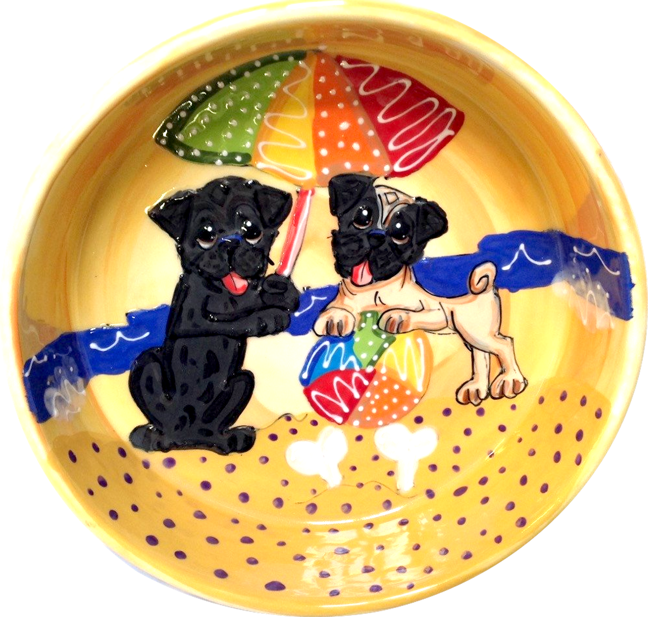 TWO PUGS ON THE BEACH HAND PAINTED ON YELLOW CERAMIC DOG BOWL BY Debby Carman FAUX PAW PRODUCTIONS ARTIQUE PETIQUE  WHIMSICAL PET PORTRAIT FROM PHOTO DOG BOWL WITH NAME DOG DISH WITH BONES