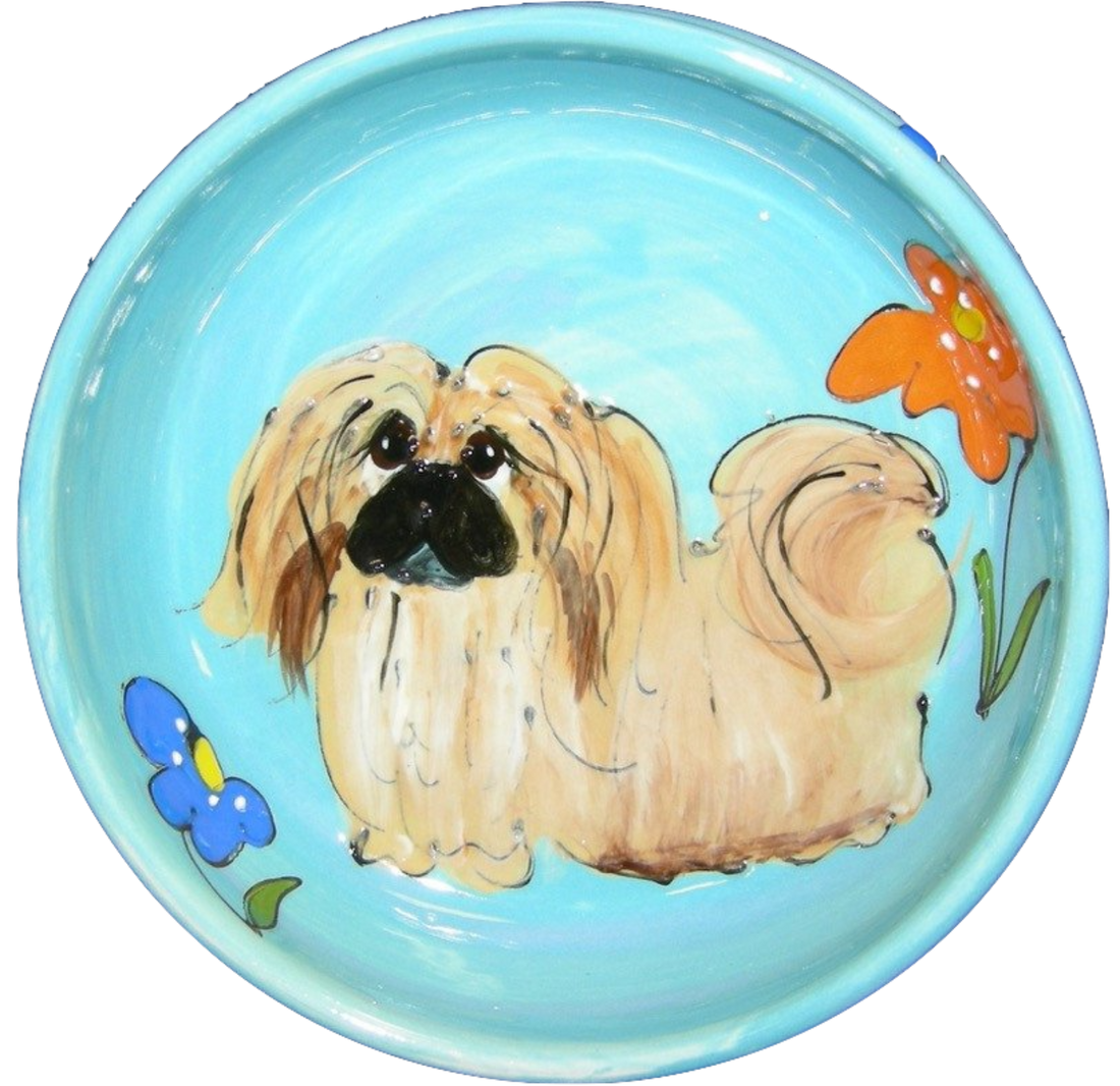 Custom Bowl for Pekinese / Dog Lover Gift Ideas / Aqua Blue / Flower Design / Hand Painted / Debby Carman