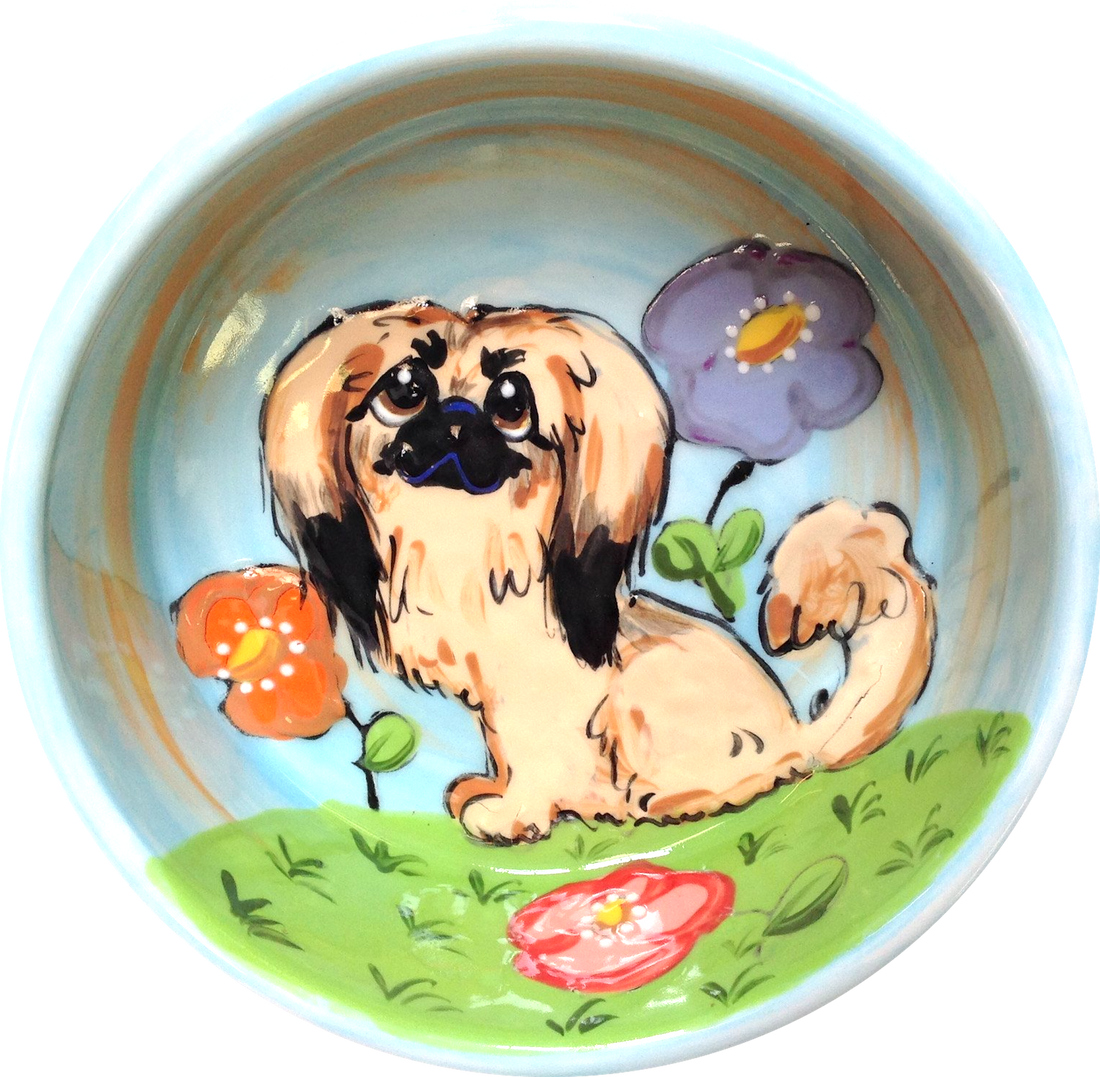 Pekingese Small Dog Bowl / Ceramic / Garden theme with flower design / Hand Painted / Personalize this pet bowl / Debby Carman