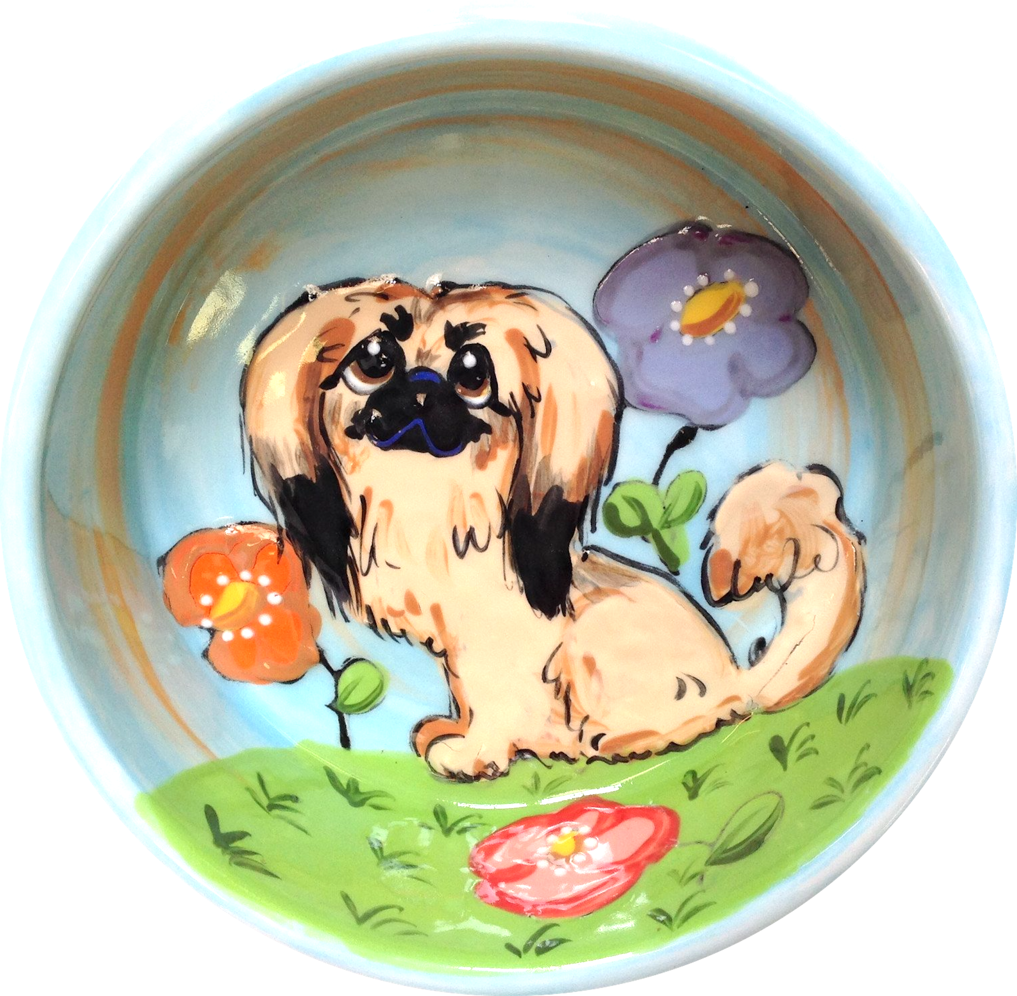 Pekingese Small Dog Bowl / Ceramic / Garden theme with flower design / Hand Painted / Personalize this pet bowl / Debby Carman