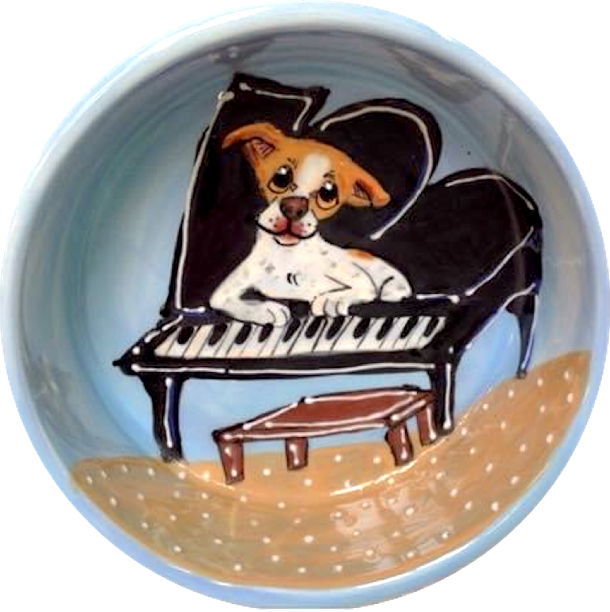 photo of Jack Russell Terrier mix dog sitting on grand piano hand painted by Debby Carman, faux paw petique