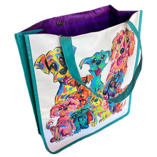 Angled perspective of the 'Rainbow Palz' tote, showcasing its depth and the vibrant inner lining