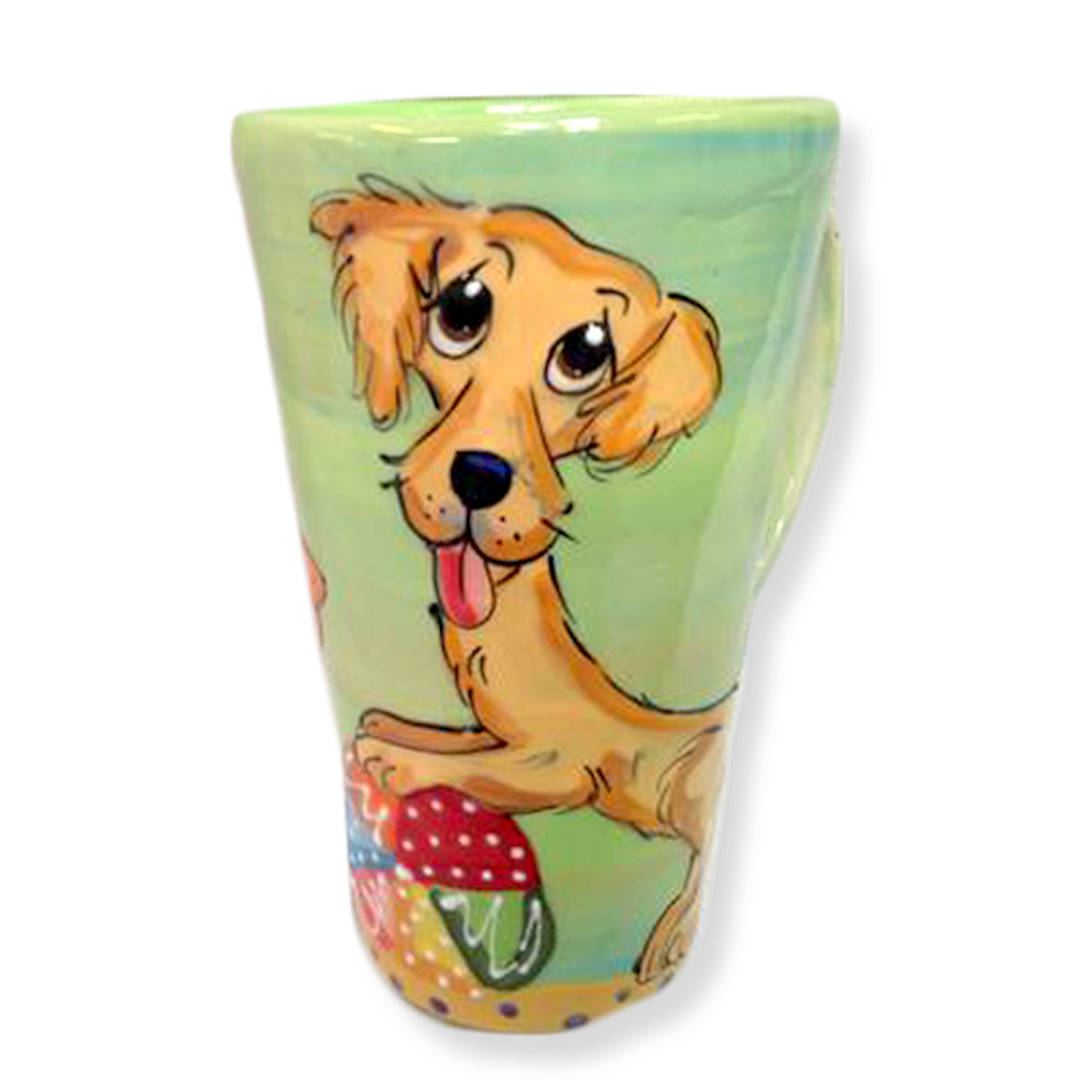 Whimsical Golden Retriever hand painted on ceramic latte mug by debby carman