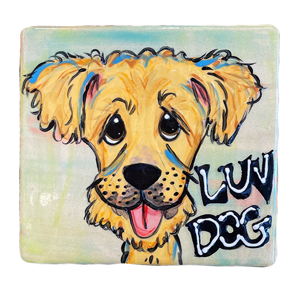 image of whimsical golden retriever painted on 6x6 decorative tile welcome sign by Debby Carman 