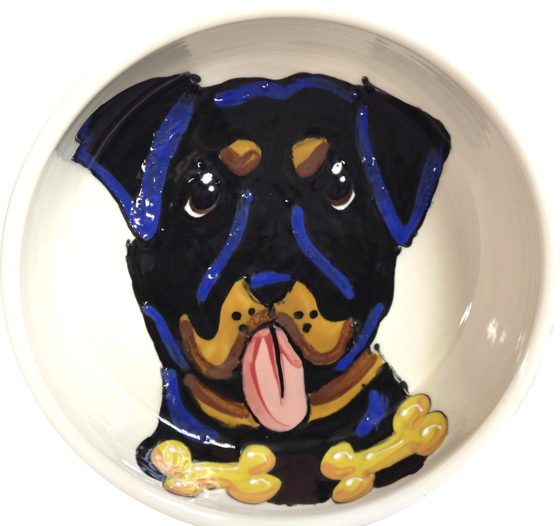 ROTTWEILER GIFT CUSTOM CERAMIC DOG BOWLS PERSONALIZED WITH NAME HAND PAINTED BY Debby Carman 