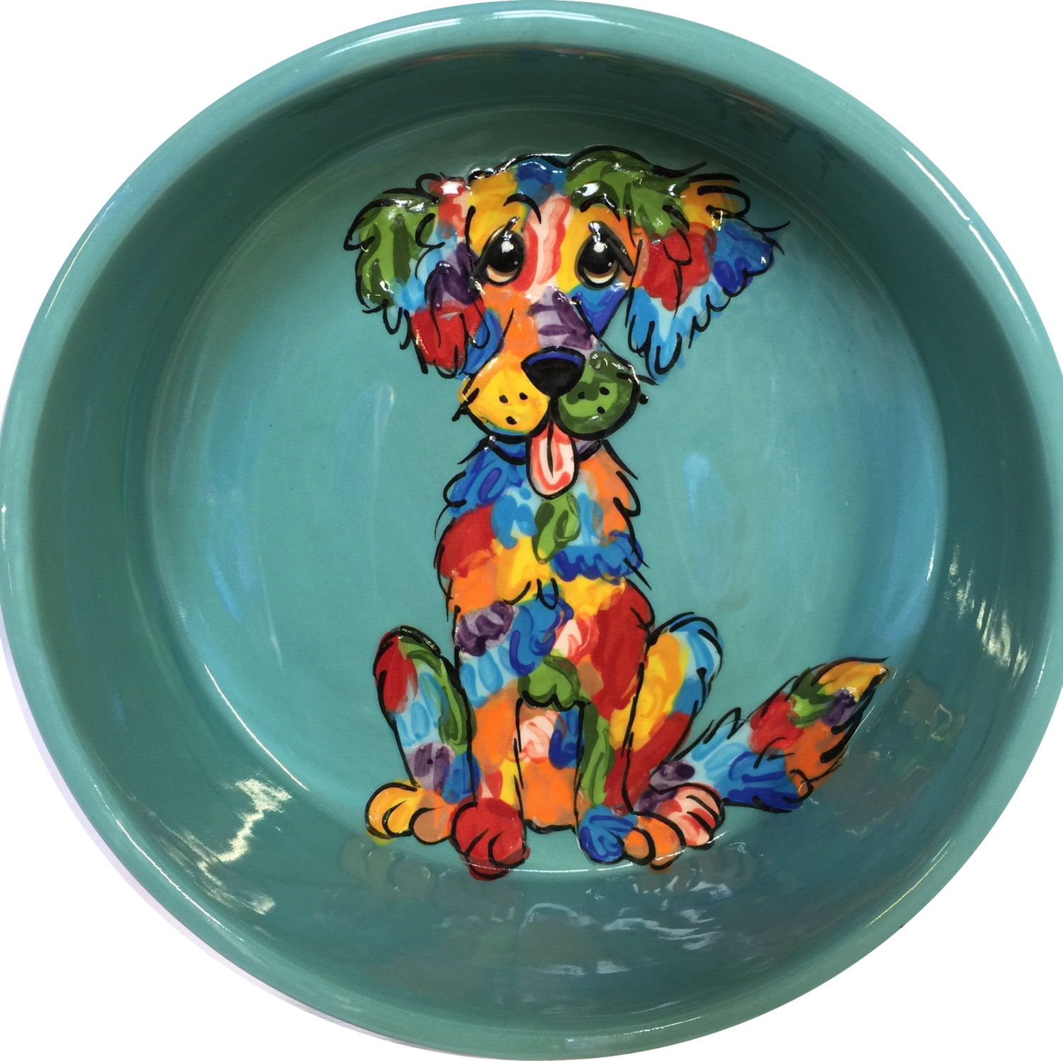 Rainbow Palz™ Labrador retriever dog water dish Pet Food Bowls Personalized Gifts Colorful Whimsical Dog Art pottery Labradoodle on teal ceramic dog dish by Debby Carman Faux Paw Productions Artique Petique Boutique pet accessories personalized