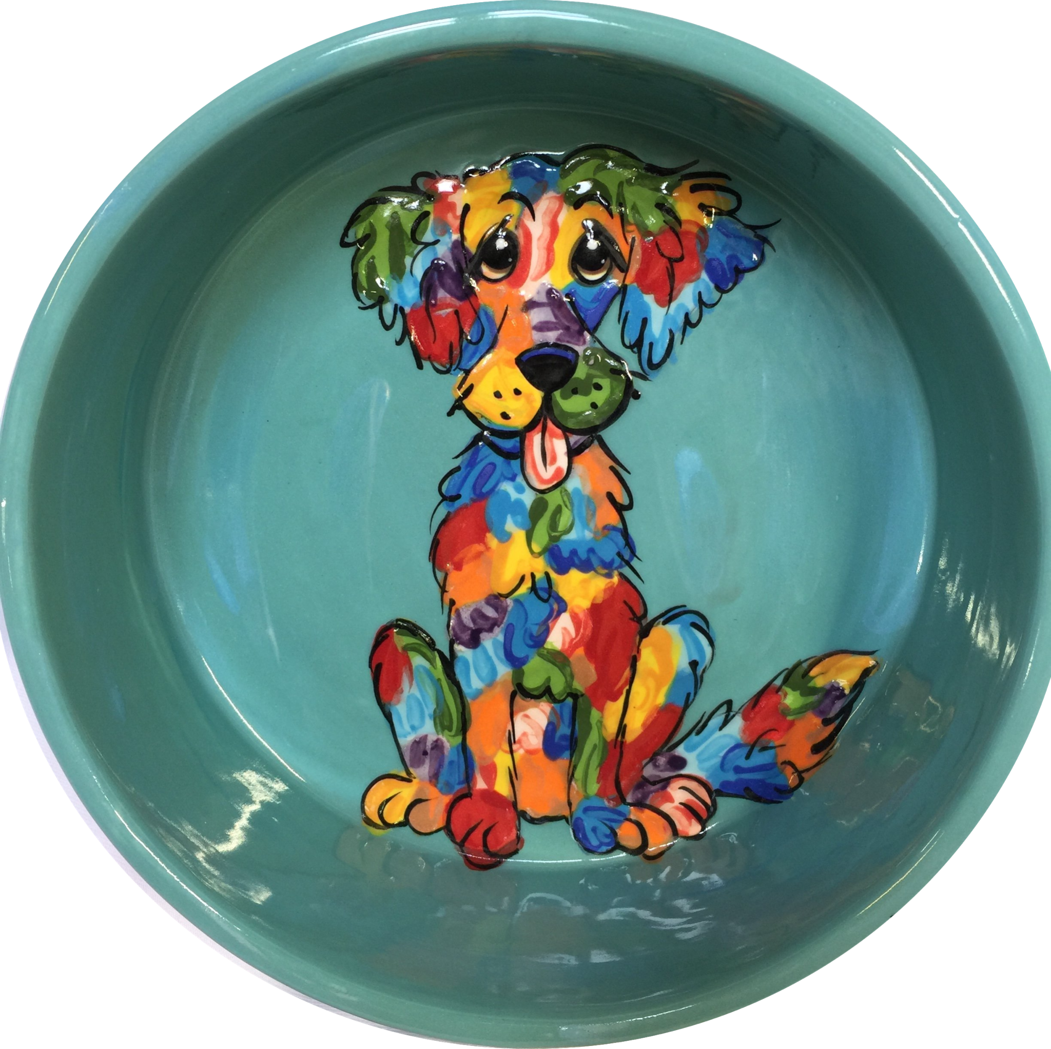 Rainbow Palz™ Labrador retriever dog water dish Pet Food Bowls Personalized Gifts Colorful Whimsical Dog Art pottery Labradoodle on teal ceramic dog dish by Debby Carman Faux Paw Productions Artique Petique Boutique pet accessories personalized