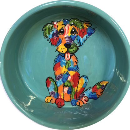 Rainbow Palz™ Labrador retriever dog water dish Pet Food Bowls Personalized Gifts Colorful Whimsical Dog Art pottery Labradoodle on teal ceramic dog dish by Debby Carman Faux Paw Productions Artique Petique Boutique pet accessories personalized