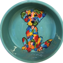 Rainbow Palz™ Labrador retriever dog water dish Pet Food Bowls Personalized Gifts Colorful Whimsical Dog Art pottery Labradoodle on teal ceramic dog dish by Debby Carman Faux Paw Productions Artique Petique Boutique pet accessories personalized