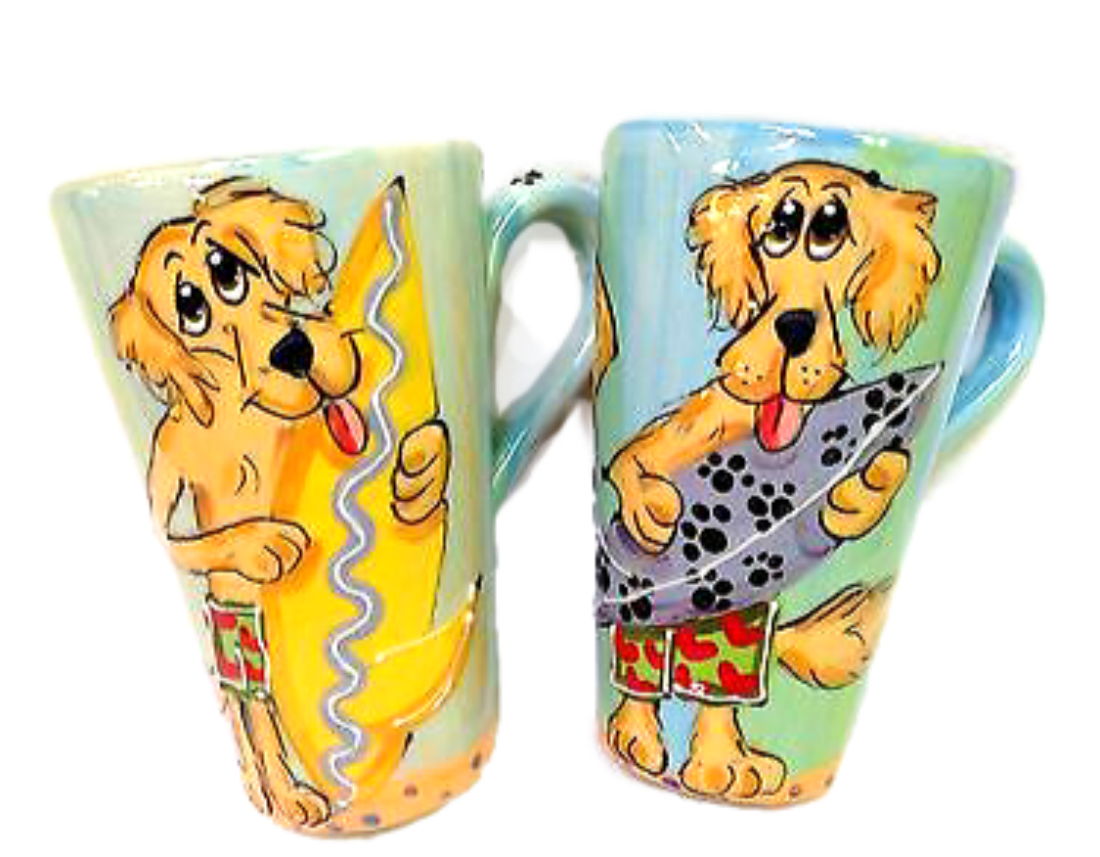 image of Surf Palz ceramic latte mug set featuring golden retrievers hand painted by debby carman