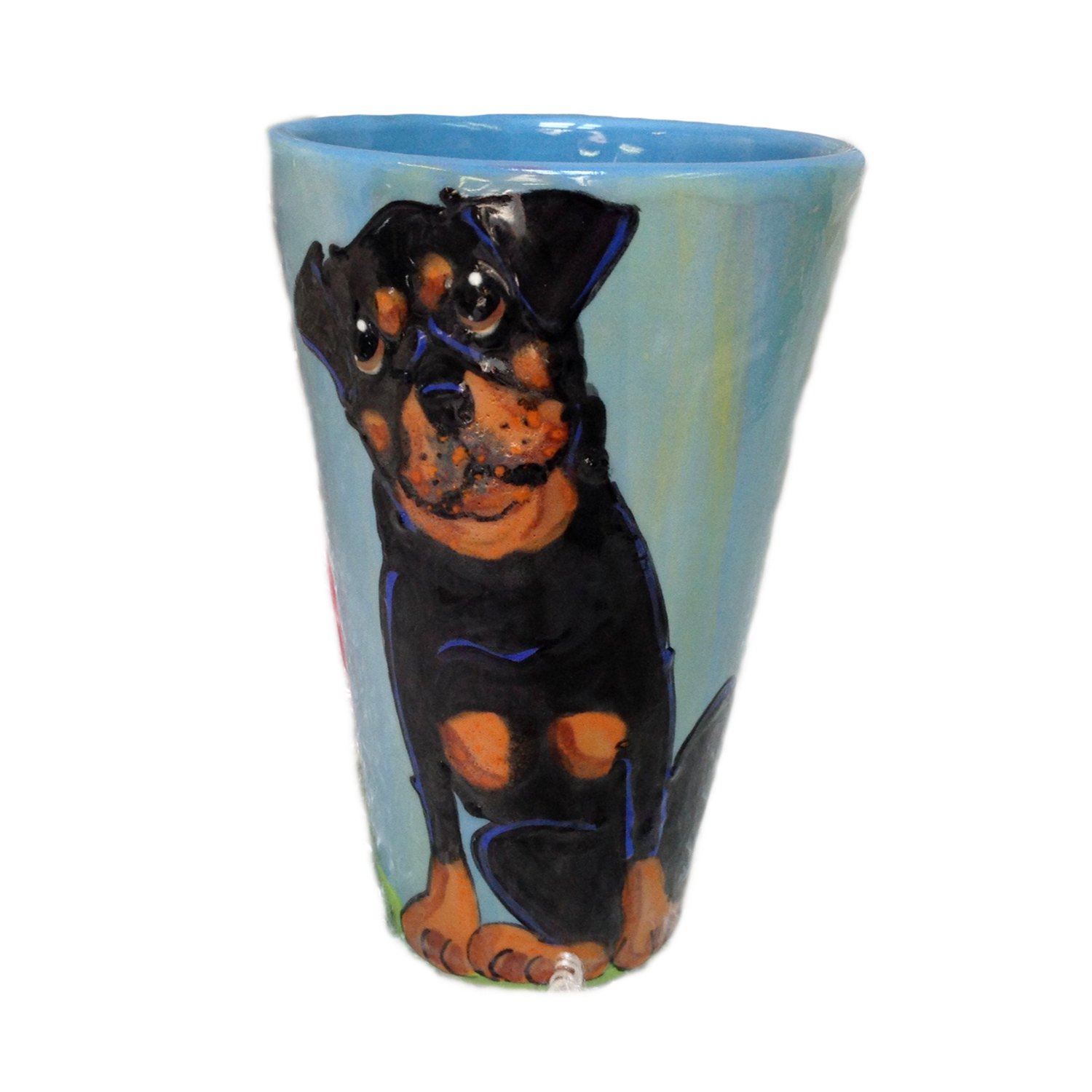 Photo of rottweiler hand painted on ceramic latte mug with blue background by Debby Carman 