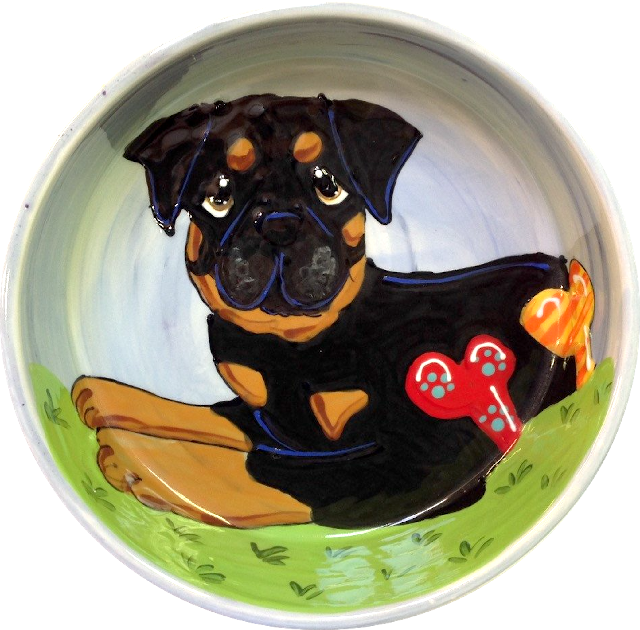 Ceramic dog bowl with bones and personalized with pet name featuring custom Rottweiler portrait by Debby Carman 