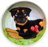 Ceramic dog bowl with bones and personalized with pet name featuring custom Rottweiler portrait by Debby Carman 