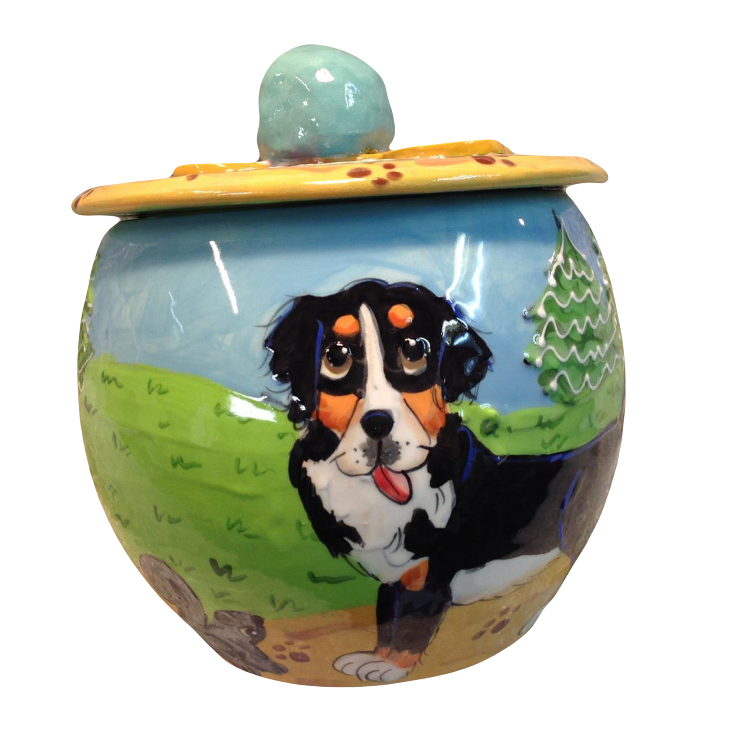 image of Bernese mountain dog on round ceramic treat jar hand painted by faux paw artist Debby Carman custom dog portrayals handmade