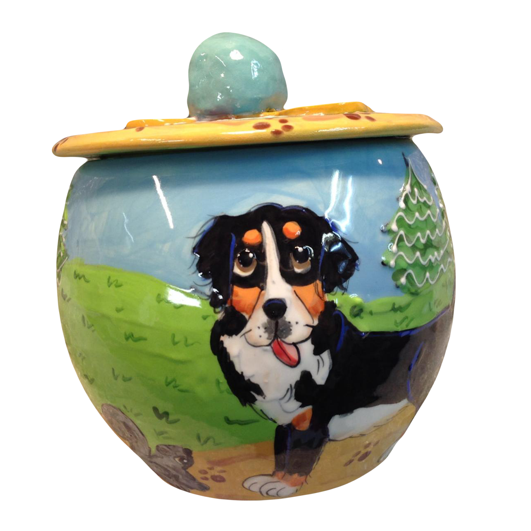 image of Bernese mountain dog on round ceramic treat jar hand painted by faux paw artist Debby Carman custom dog portrayals handmade