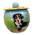 image of Bernese mountain dog on round ceramic treat jar hand painted by faux paw artist Debby Carman custom dog portrayals handmade