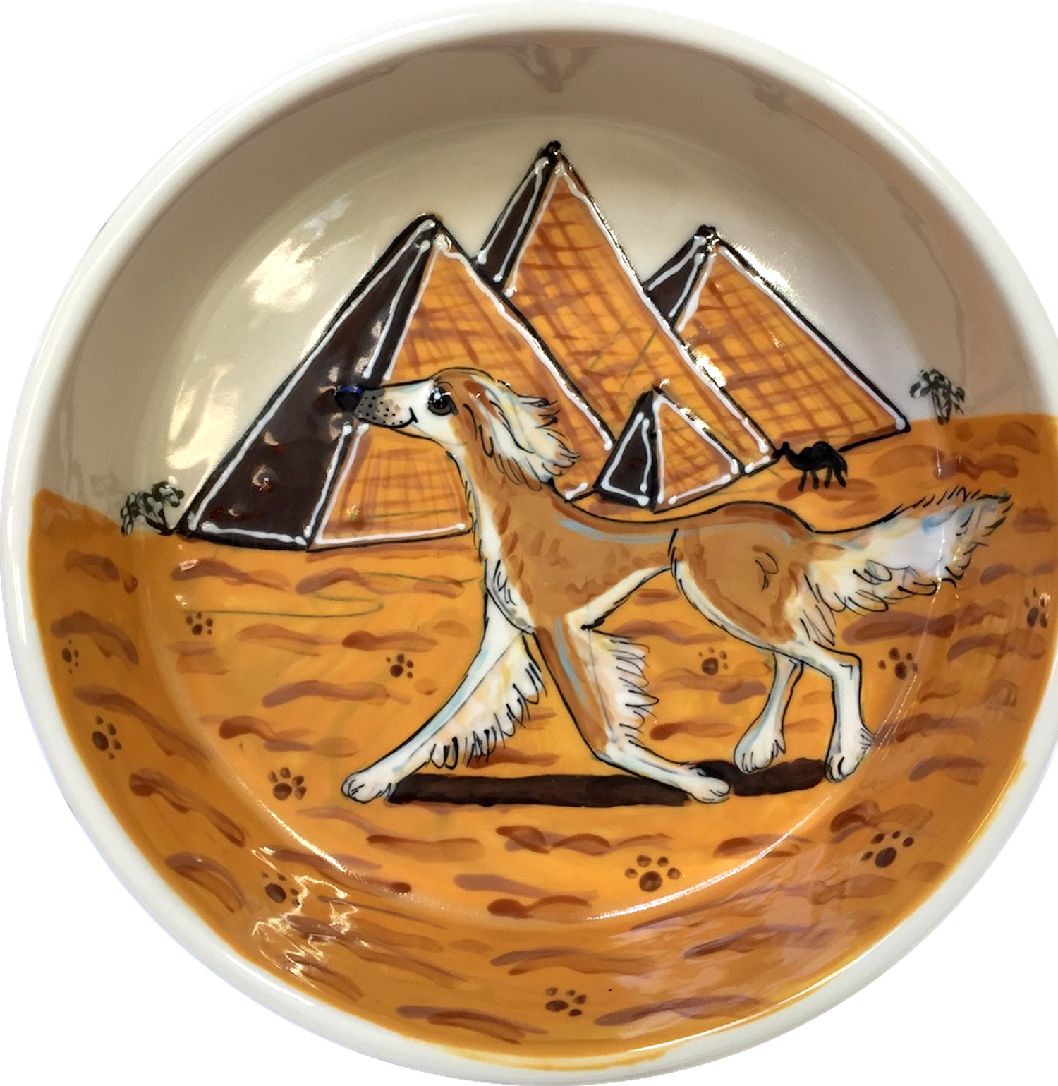 Salukis hand painted on ceramic dog bowl for dog breed show trophy and great gifts for pet owners by Debby Carman faux paw productions Artique petique boutique heavy ceramic dog bowl no tip dog bowl large dog bowl dog Walter bowl pet portrait dog bowl with name