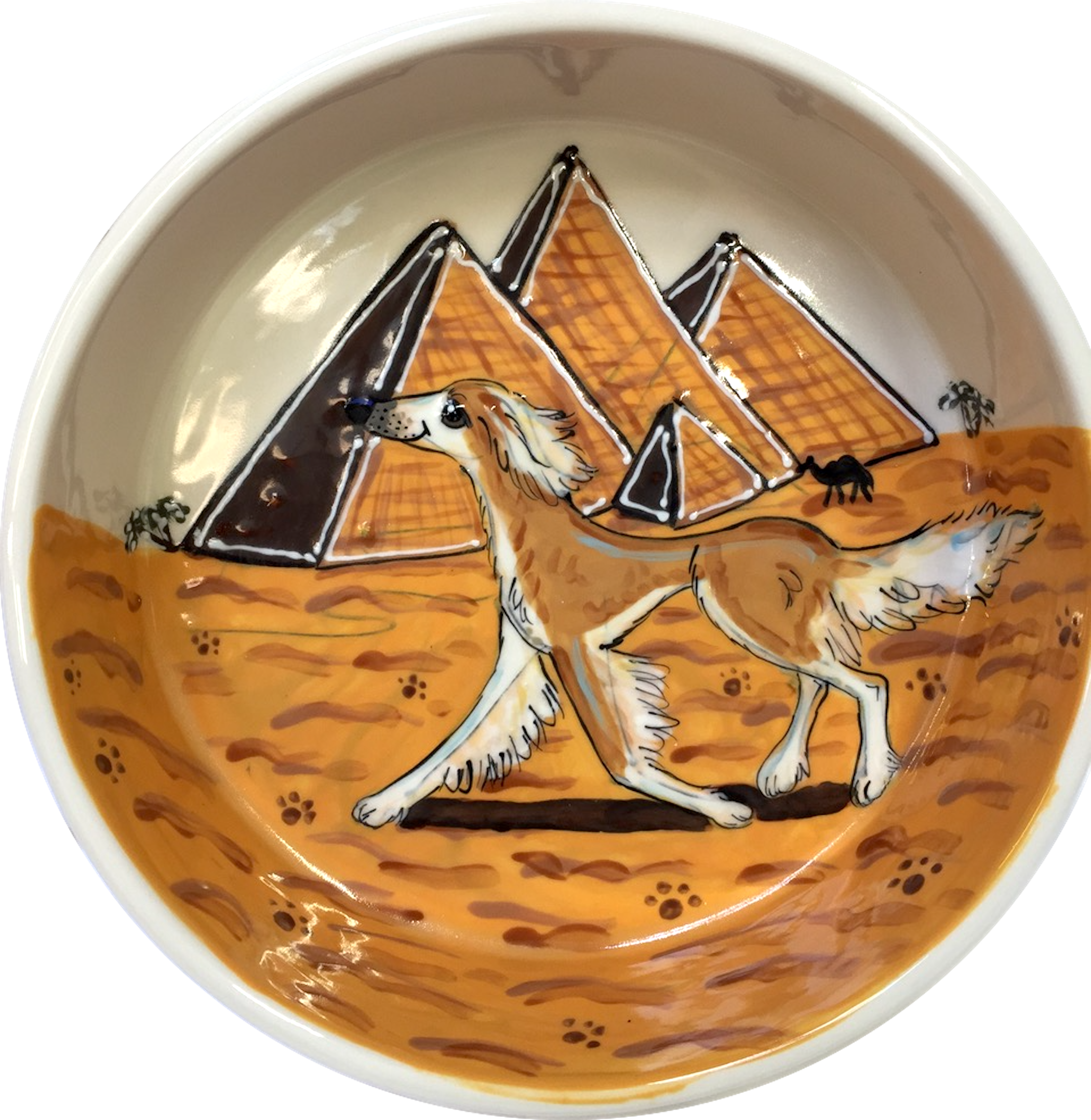 Salukis hand painted on ceramic dog bowl for dog breed show trophy and great gifts for pet owners by Debby Carman faux paw productions Artique petique boutique heavy ceramic dog bowl no tip dog bowl large dog bowl dog Walter bowl pet portrait dog bowl with name