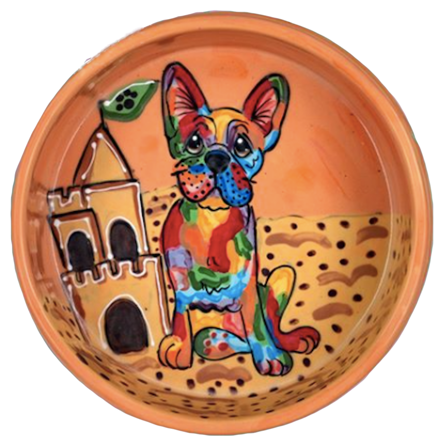 French Bulldog on the beach with sandcastle on ceramic orange bowl by Debby Carman 