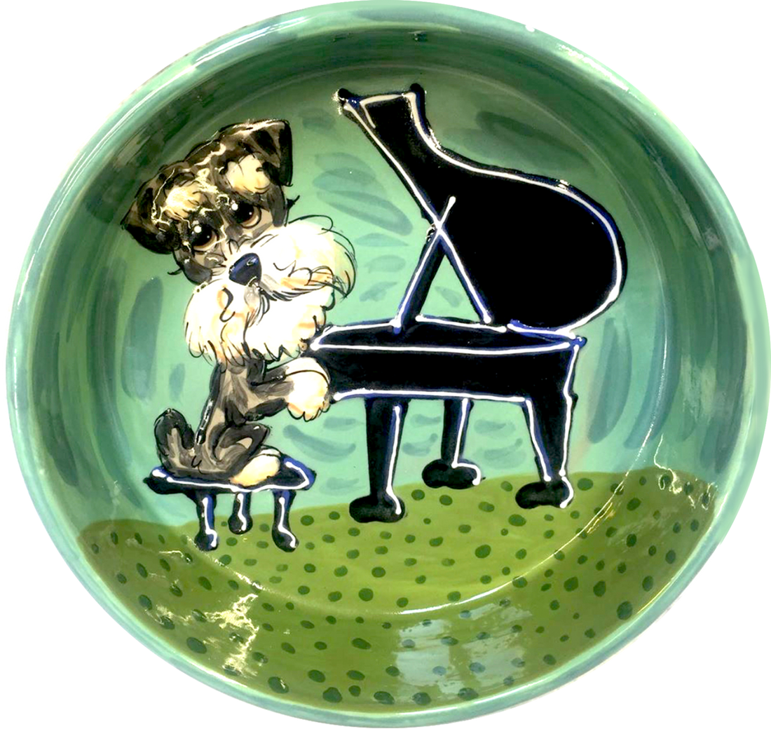 photo of schnauzer dog playing baby grand piano hand painted pet portrait by Debby Carman 