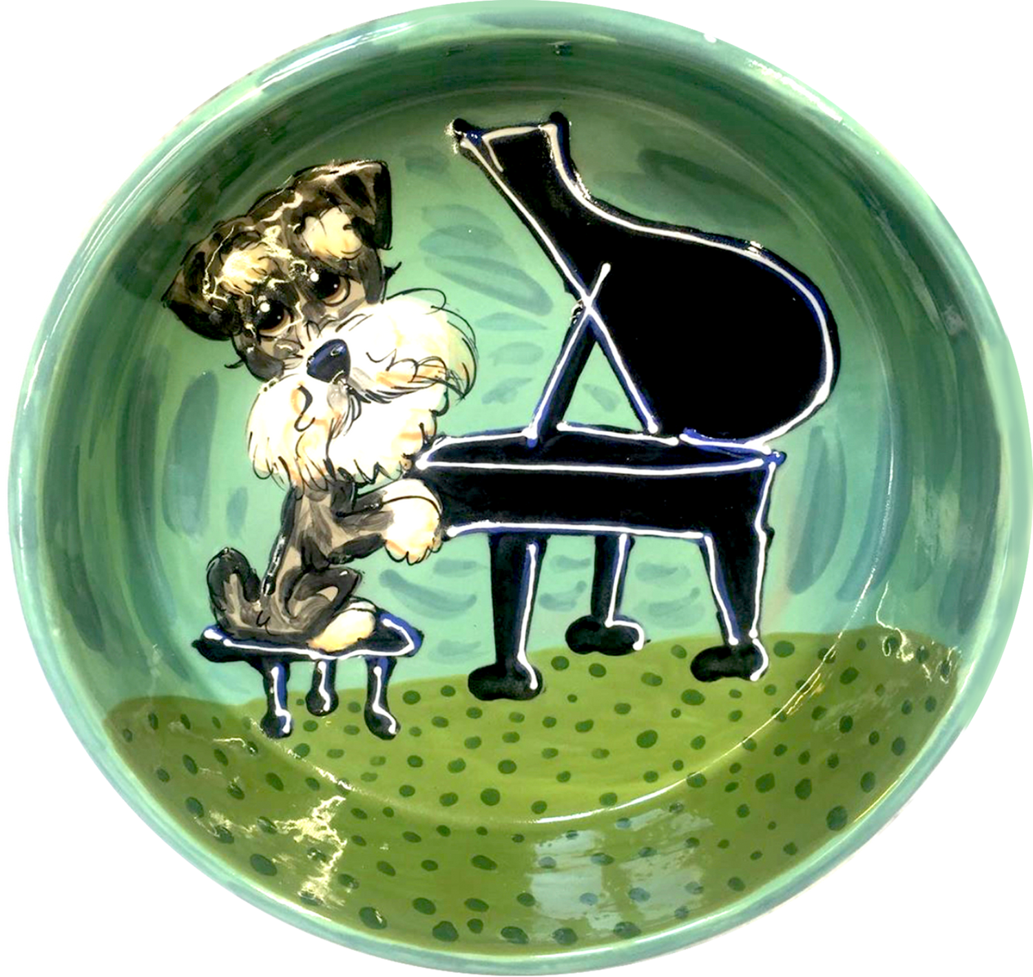 photo of schnauzer dog playing baby grand piano hand painted pet portrait by Debby Carman 