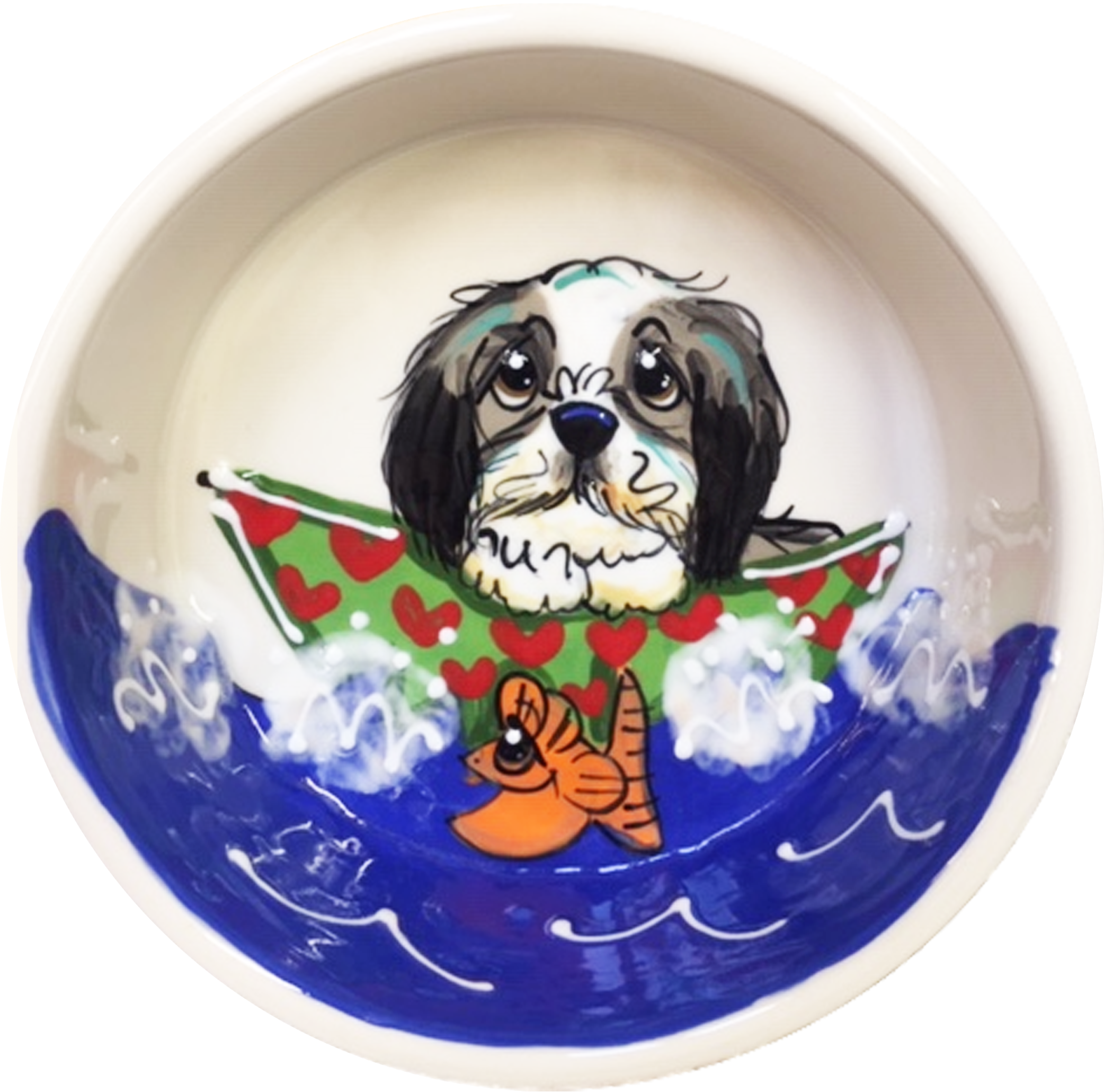 photo of ceramic dog bowl with black and white Shih Tzu in a small boat by Debby Carman, faux paw petique