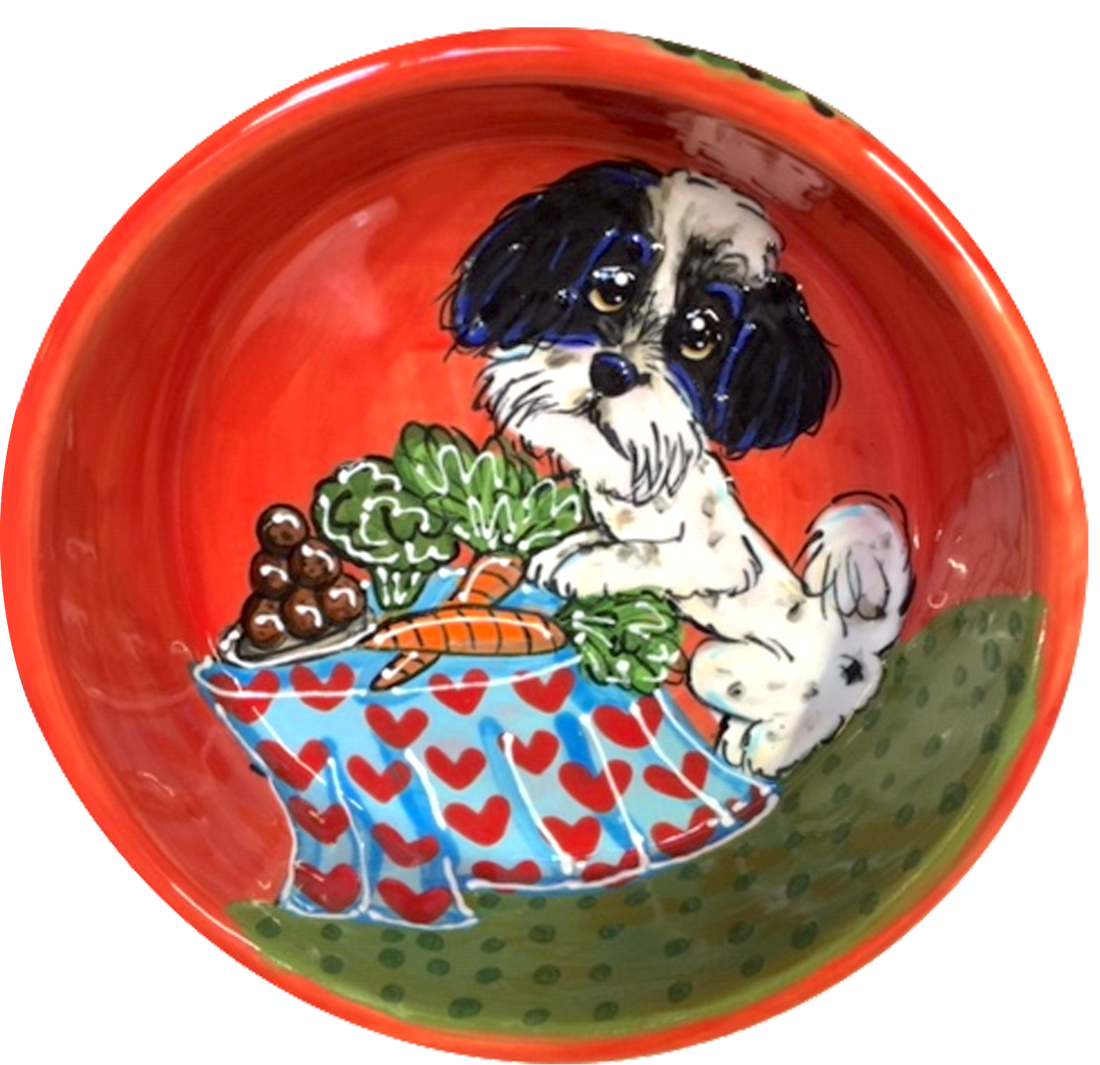 photo of black and white Shih Tzu sitting at table of food, domestic dog designs, by Debby Carman, faux paw petique