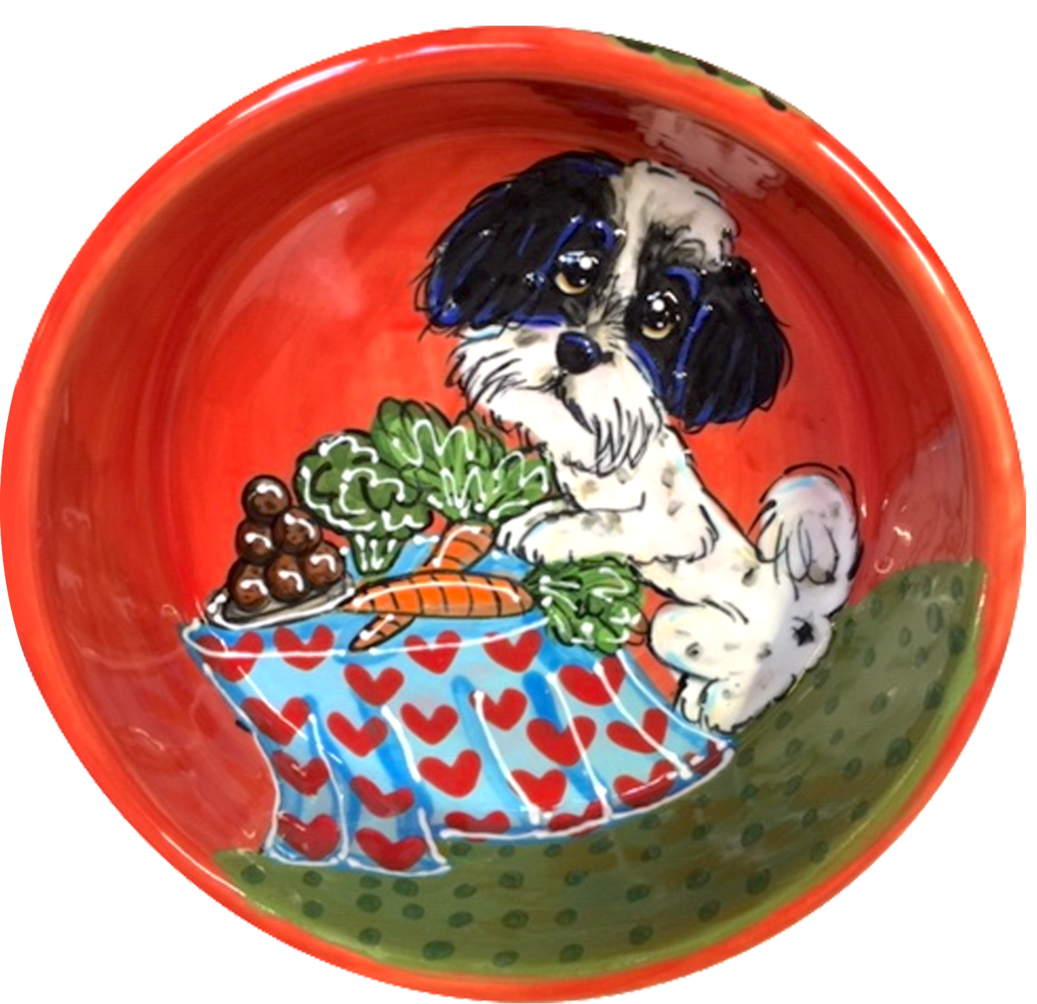 photo of black and white Shih Tzu sitting at table of food, domestic dog designs, by Debby Carman, faux paw petique