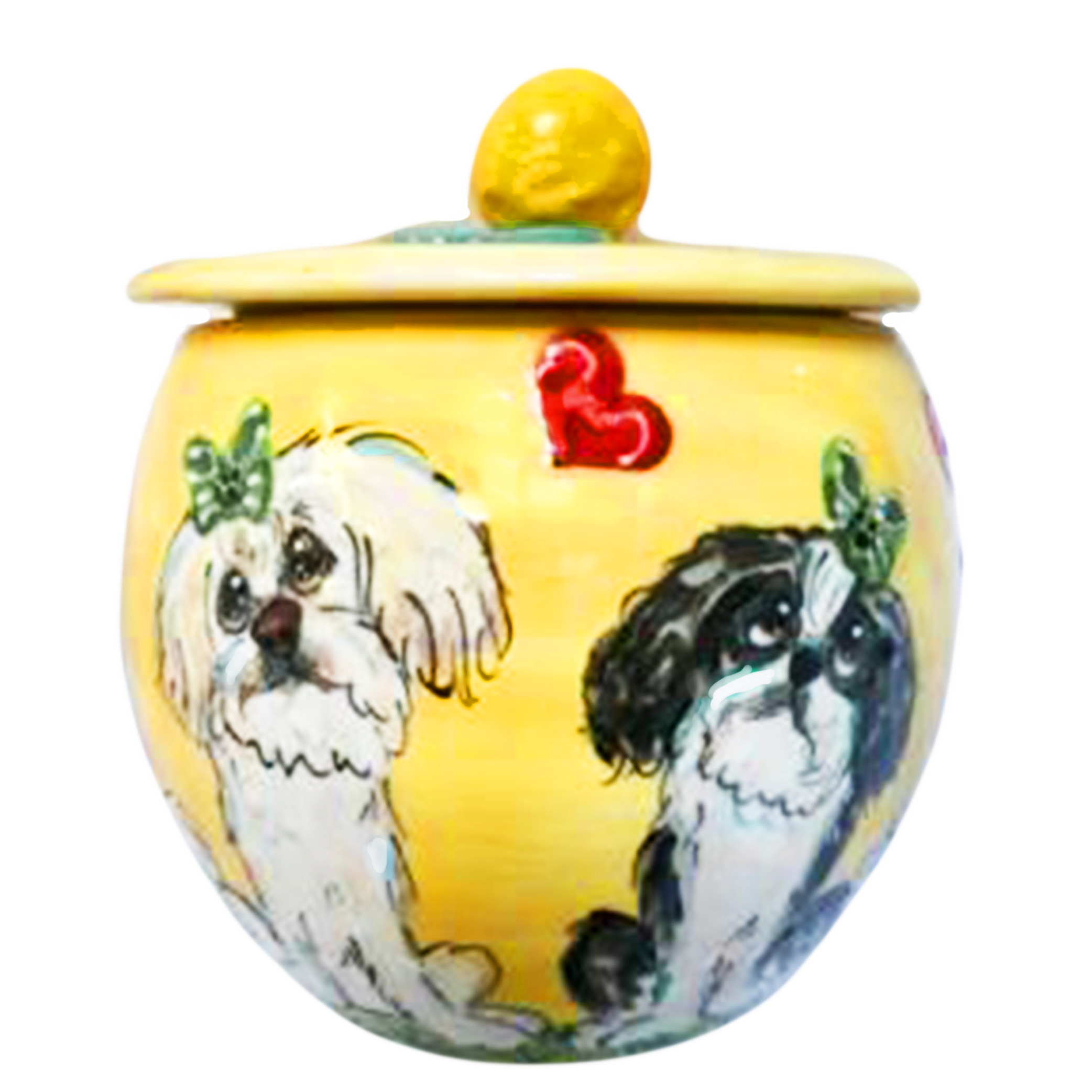 photo of yellow treat jar with Shih Tzu dogs 