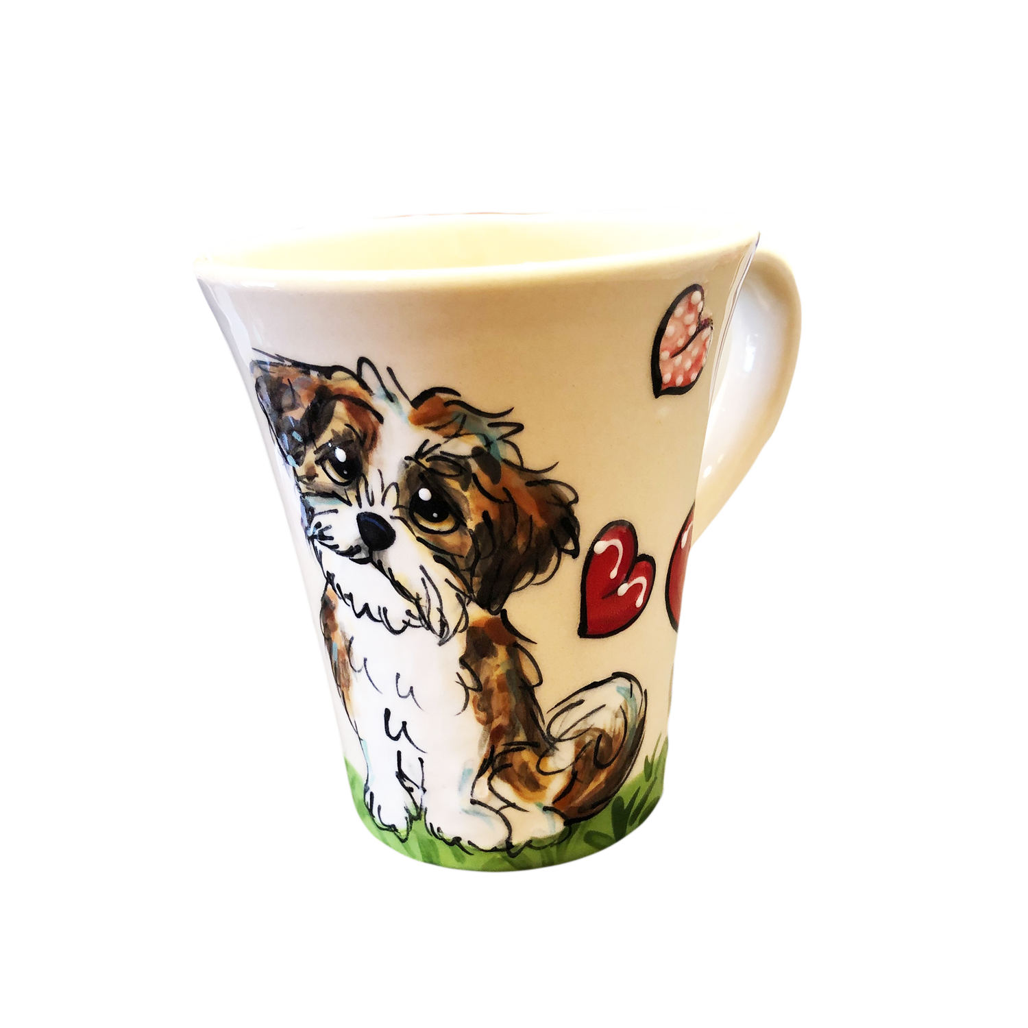 Shih Tzu puppy on ceramic dog mug with hearts hand painted by Debby Carman