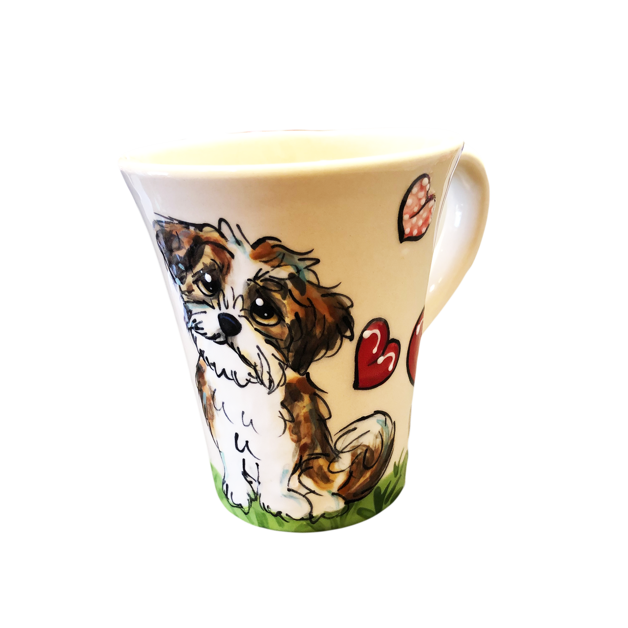 Shih Tzu puppy on ceramic dog mug with hearts hand painted by Debby Carman