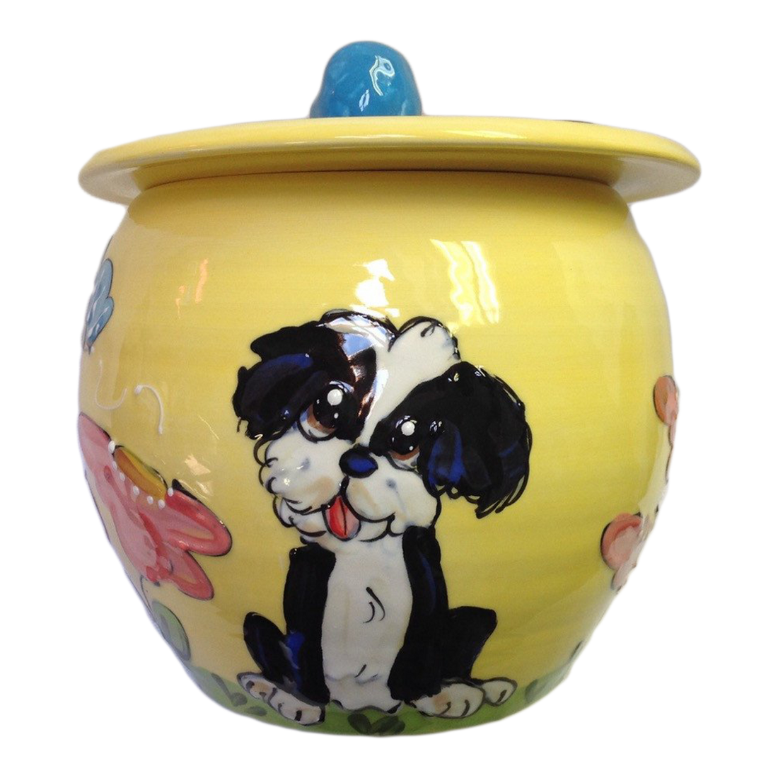 CERAMIC TREAT JAR FEATURING WHIMSICAL SHIH TZU PORTRAYAL BY DEBBY CARMAN