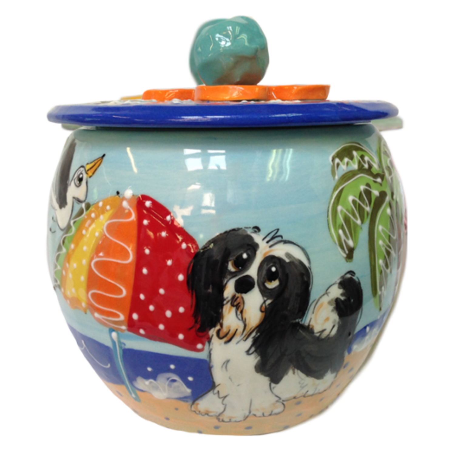 photo of treat jar personalized with pet portrait of black and white Shih Tzu with beach scene