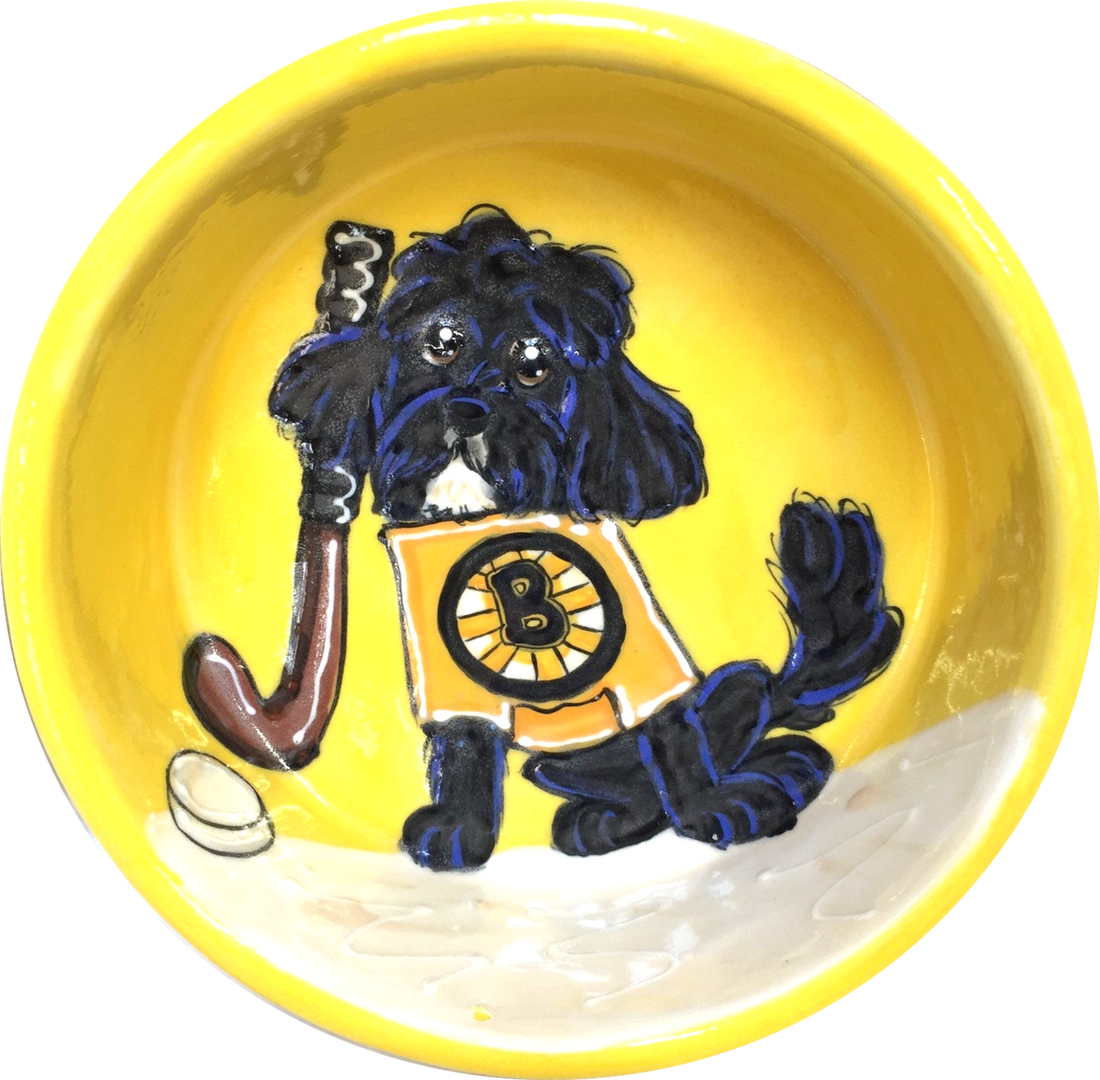 Hockey Dog, Custom Sports Themes Pet Accessories, Personalized Ceramic Dog Bowls by Debby Carman 