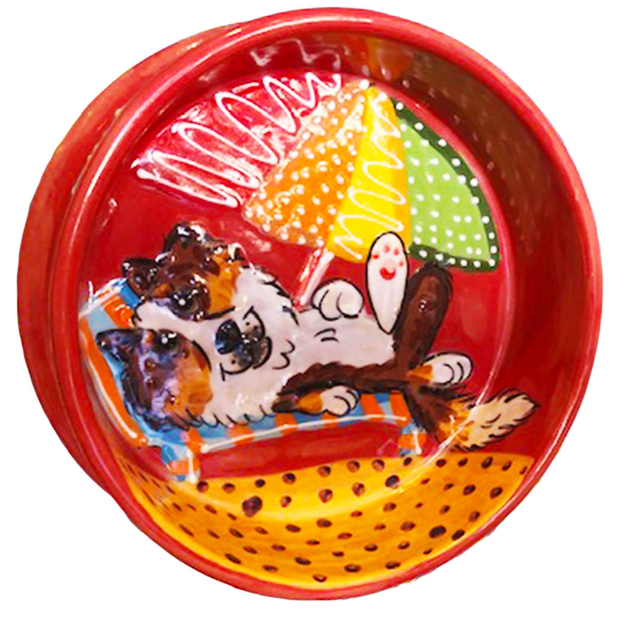 photo of red dog bowl with hand painted sheltie dog lounging on the beach