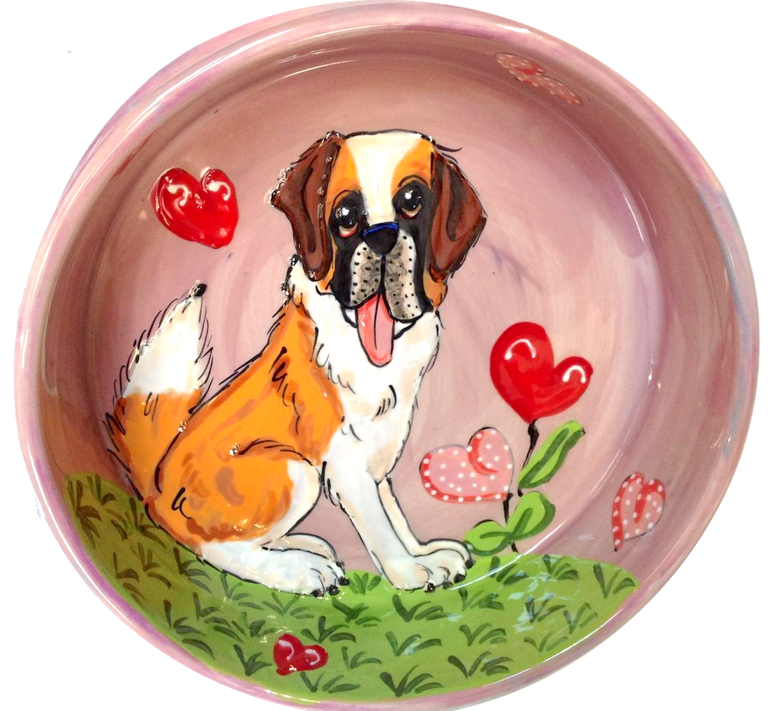 Saint Bernard Artist portrait hand painted by Debby Carman on colorful ceramic dog bowl available in large and extra large sizes known to be the worlds best dog bowls