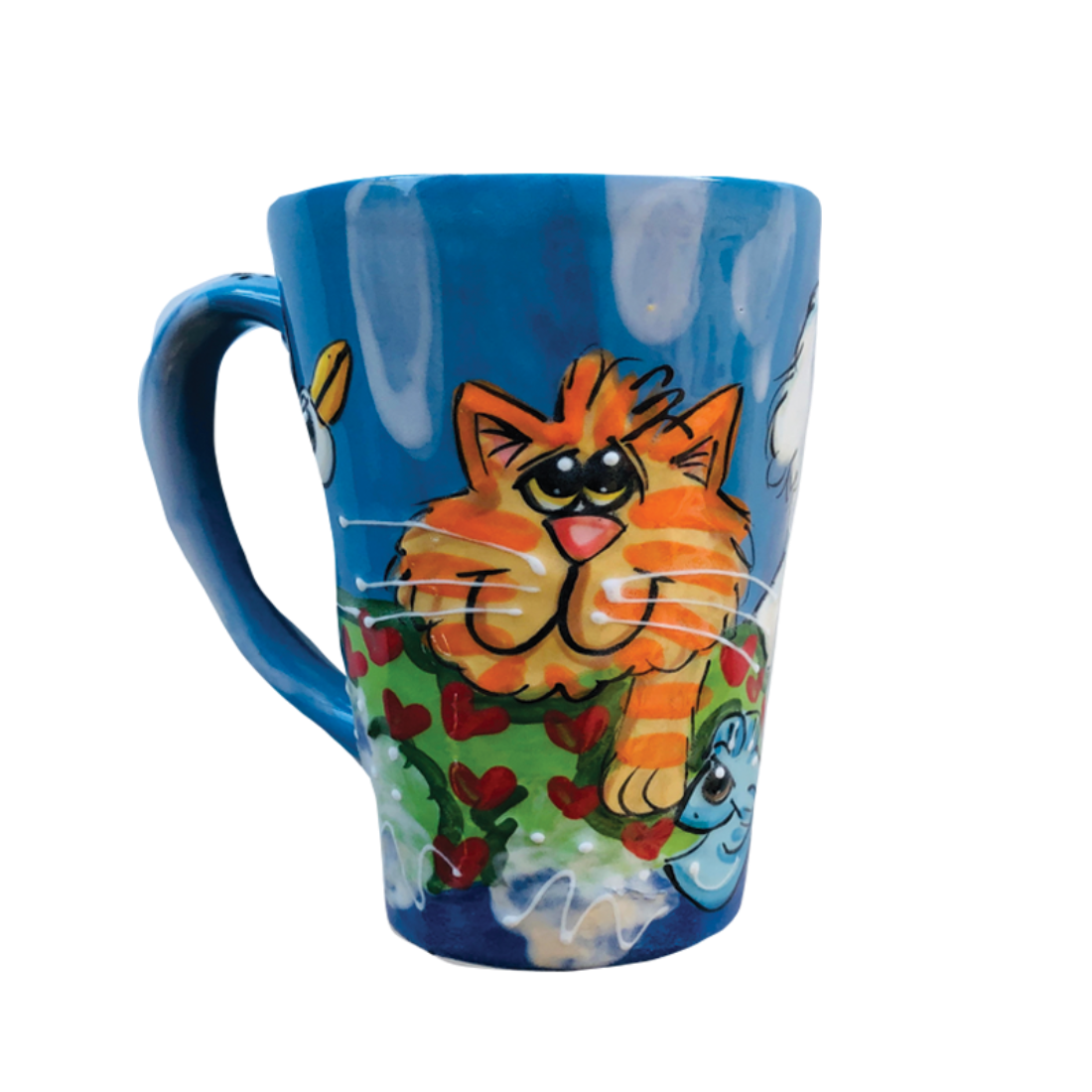 whimsical tabby cat coffee mug painted by artist debby carman