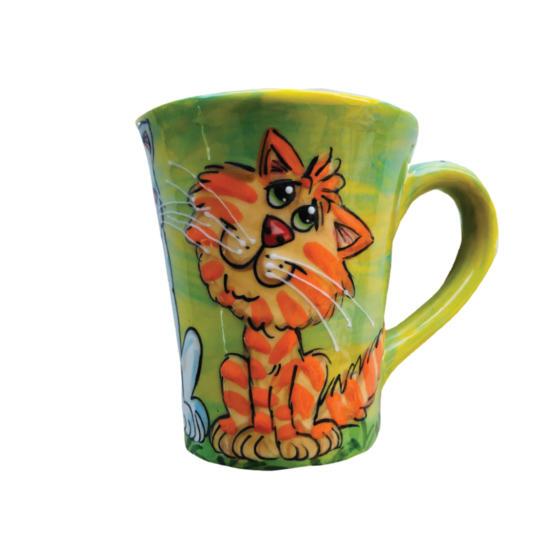 image of whimsical tabby cat painted by artist Debby Carman on green ceramic coffee mug